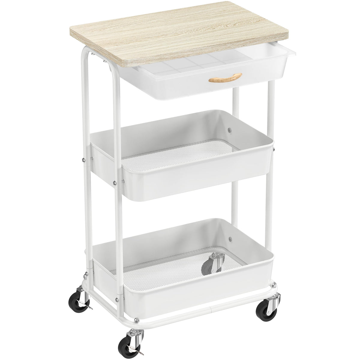 Simple Houseware 3-Tier Rolling Utility Cart with Drawer & Wood Tabletop - Mobile Sofa Side Table, Nightstand, Slim Storage Organizer Trolley for Bedroom, Bathroom, Office & Art Supplies, Maple