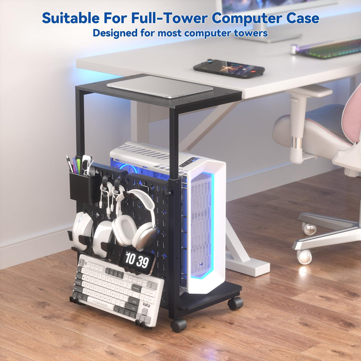 Computer Tower Stand with Pegboard Organizer, Height Adjustable 2-Tier PC Tower Shelf for Floor with Accessories, CPU Holder Cart with Locking Wheels for Most PC Gaming Home Office, 24.2-29.5"