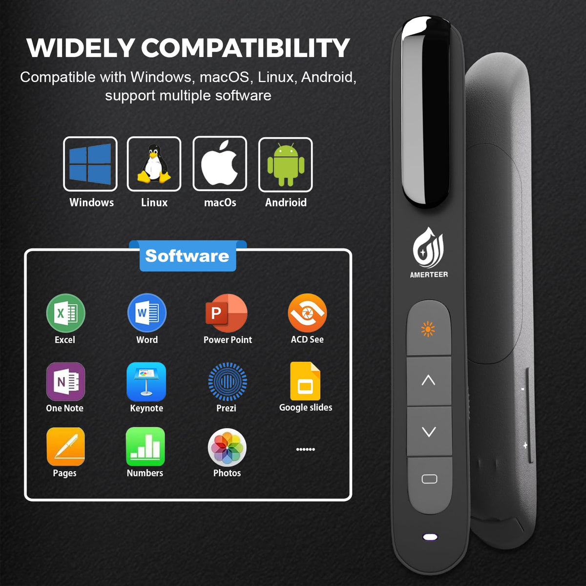 AMERTEER Wireless Presenter,Support Hyperlink RF 2.4GHz Powerpoint PPT Clicker Presentation Remote Control Laser Pointer Flip Pen