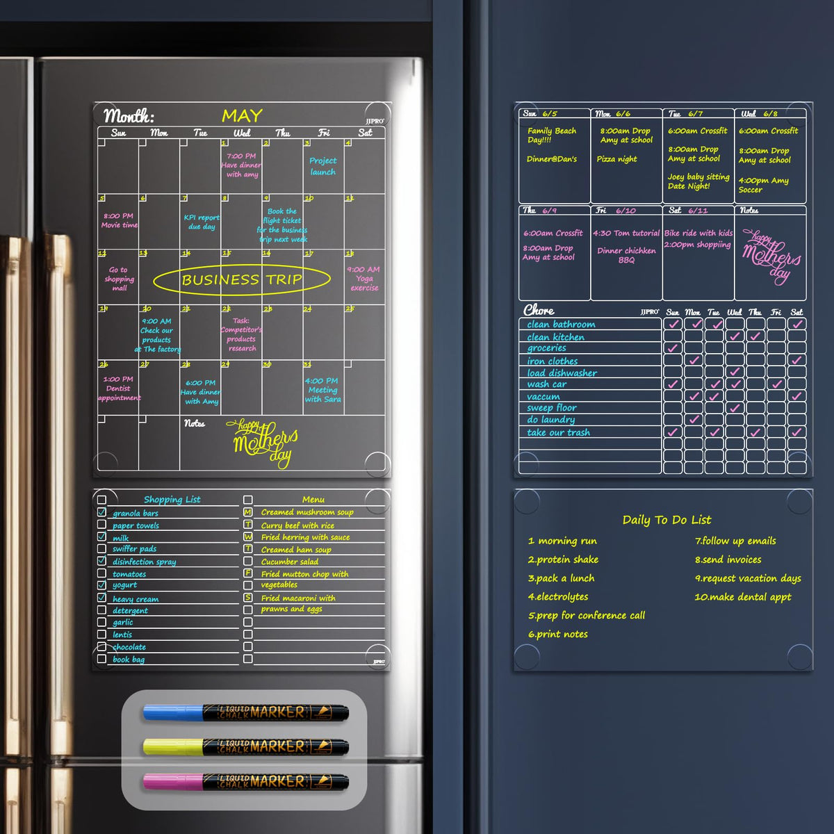 JJPRO Non-Magnetic Dry Erase Calendar - Monthly & Weekly Chart, List & Blank Board for Smooth Surfaces. Clear Reusable Calendar Sticks to Fridge, Cabinet, Door & Glass