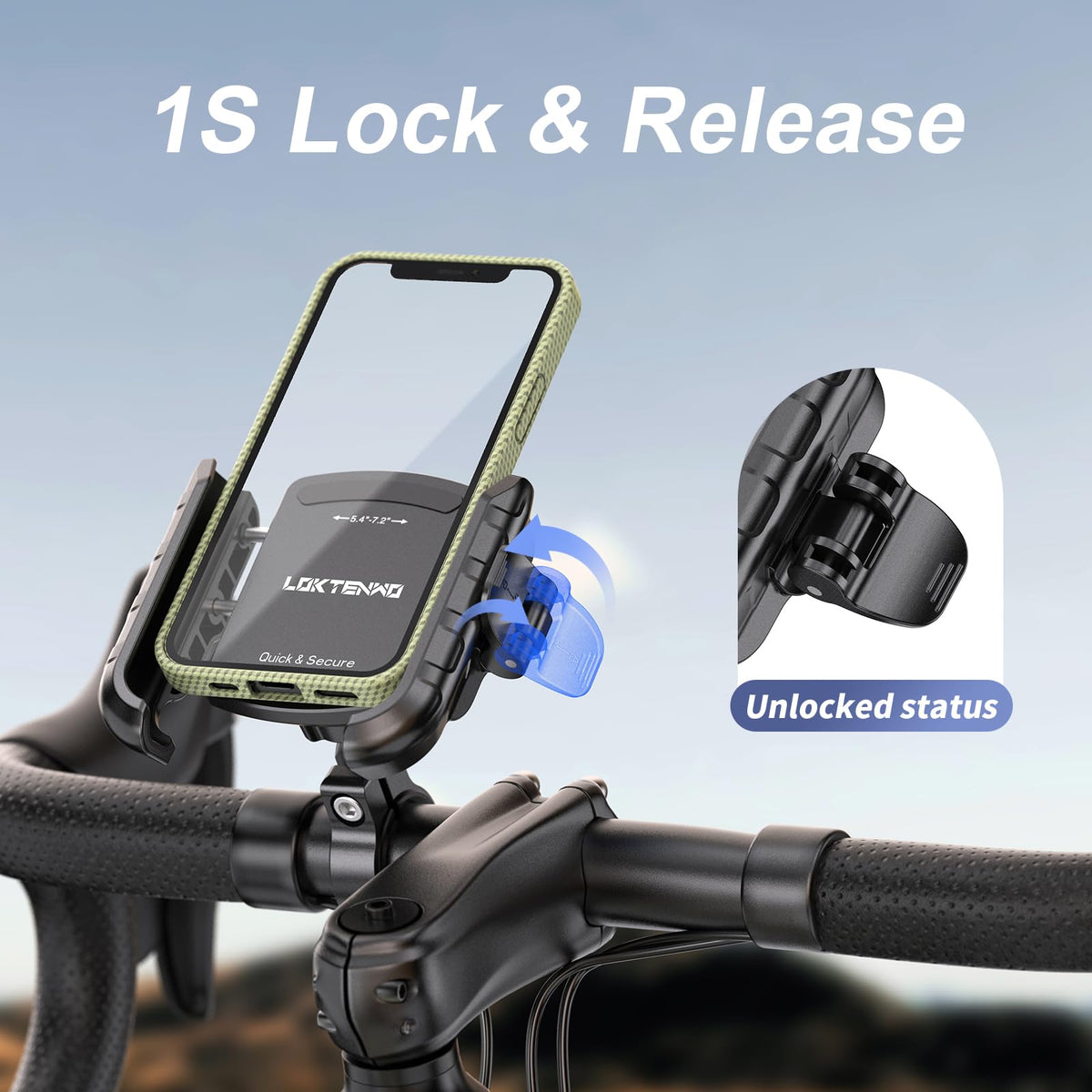 LOKTENWO Bike Motorcycle Phone Mount with Aluminum Alloy Mounting Base, [1s Lock & Release] [Camera Friendly] Bicycle Handlebar Cell Phone Holder for Scooter ATV, Fit 5.4-7.2" Smartphone