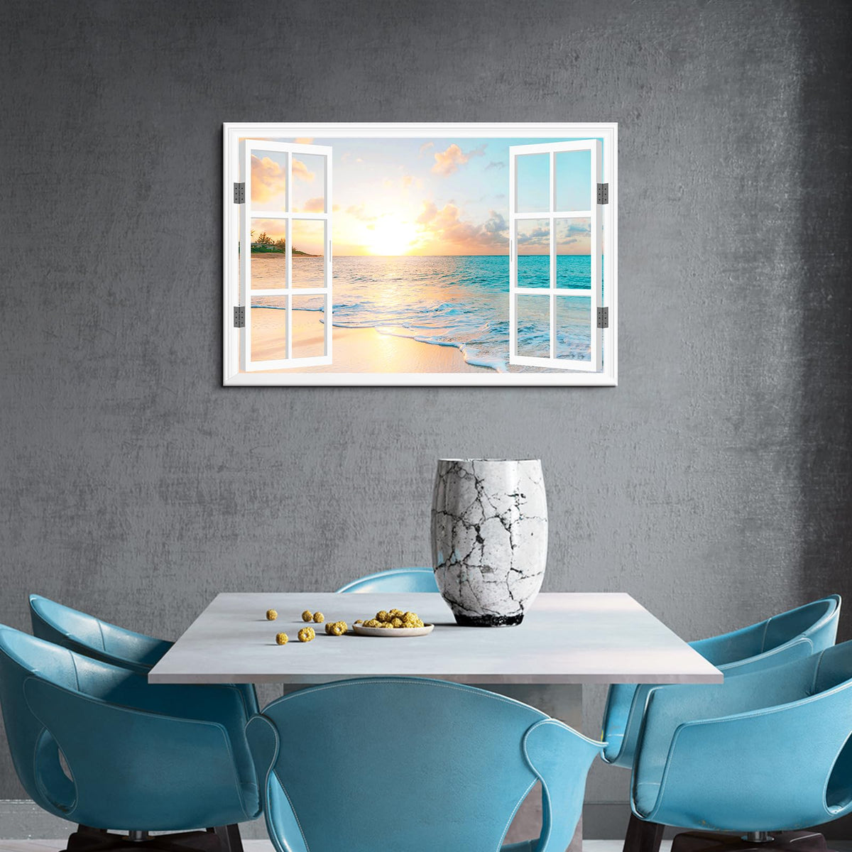 Goldfoilart Ocean Beach Sunset Canvas Wall Art for Bedroom Window Pictures Seagull Seascape Paintings Coastal Picture Framed Artwork for Bathroom Living Room Office Decor 36" x 24"