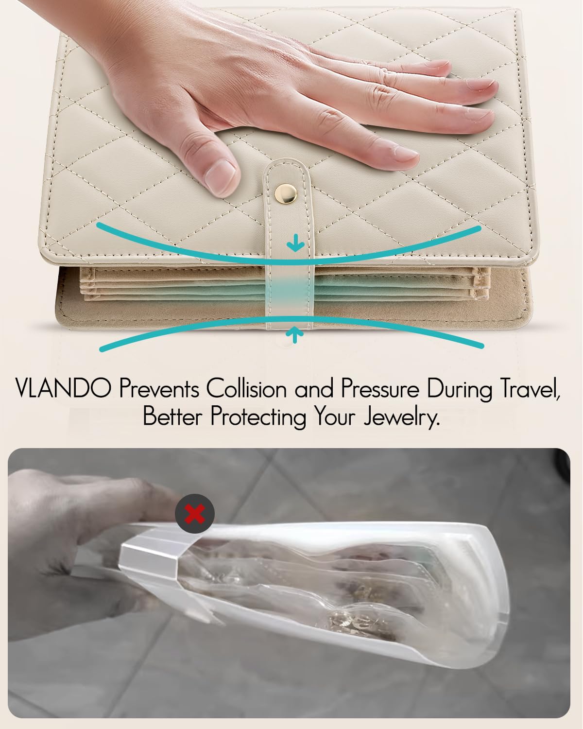 VLANDO Travel Jewelry Organizer Case,Large Jewelry Storage Book Ring Binder with Clear Zipper Velvet Jewelry Pouches Bags for Rings,Bracelet,Earrings-Cream White