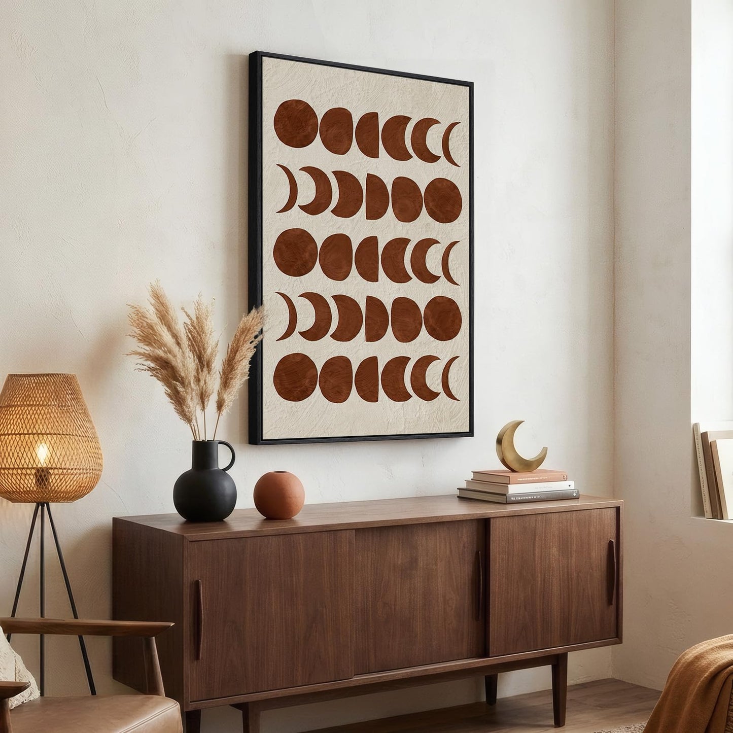 Framed Mid Century Modern Moon Phase Wall Art for Living Room, Neutral Brown Beige Boho Geometric Print Canvas Artwork for Walls, Vertical Pictures Wall Decor for Bedroom Home Office Hallway, 24x36 In
