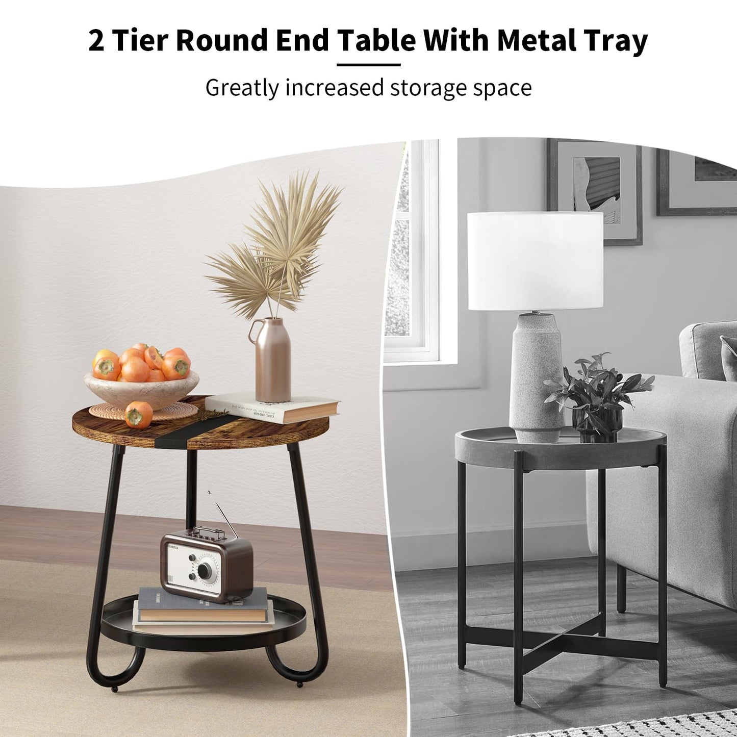 MOFAIN 2 Tier Coffee Table in Living Room, Industrial Style Round Coffee Table with Metal Tray, Wood Small Outdoor Coffee Table for Bedroom Balcony Patio, Rustic Brown