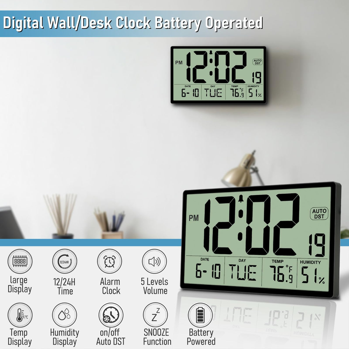 9‘’ Narrow Bezels Battery Operated Digital Wall Clock with Temperature and Humidity - Auto DST, Large 2⅝'' Digits, 5-Level Volume Alarm (3 AA Included) - Wall Mount/Desktop for Office Bedroom Kitchen