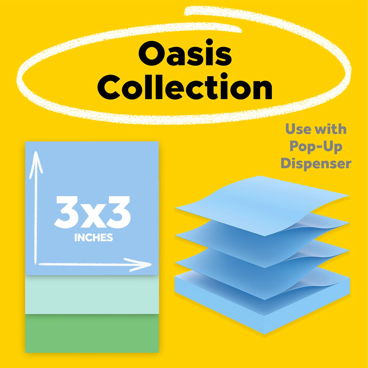Post-it Super Sticky 100% Recycled Pop-up Notes, 3 in. x 3 in., 70 Sheets, 6 Pads, Oasis Collection, School Supplies and Office Products
