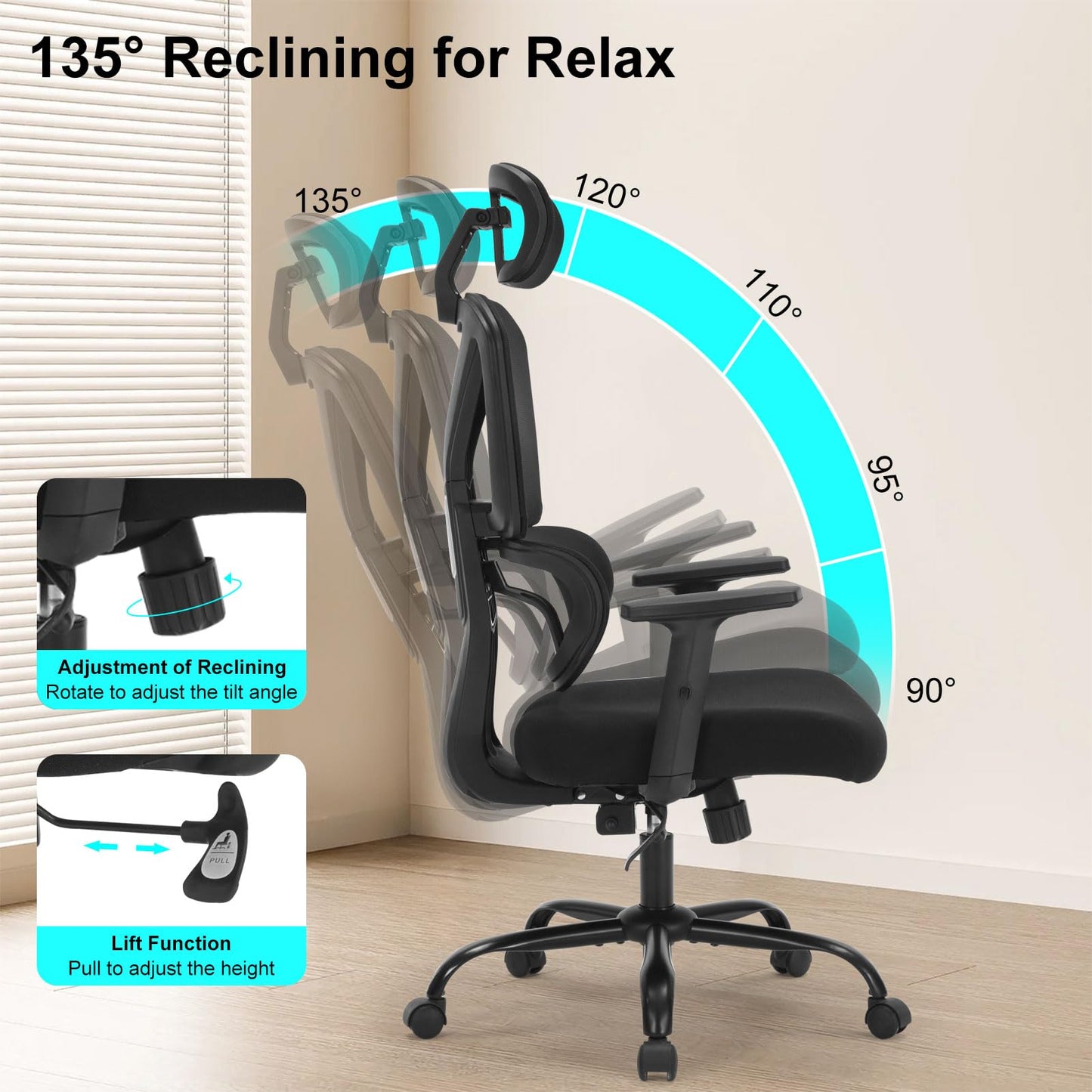 Ergonomic Office Chair, Ergonomic Desk Chair with Adjustable Height, Lumbar Support, High Back Mesh Home Computer Chair with Adjustable Armrests, Task Chairs for Home Office - 350lb Executive Chairs