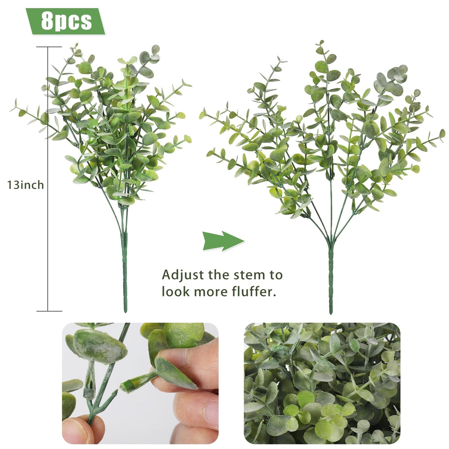 RECUTMS 8 Bundles Artificial Greenery Plants Stems Outdoor Fake Eucalyptus Plants Boxwood Bushes for Spring Farmhouse Bathroom Office Vase Centerpiece Indoor Easter Decoration(Dusty Green)