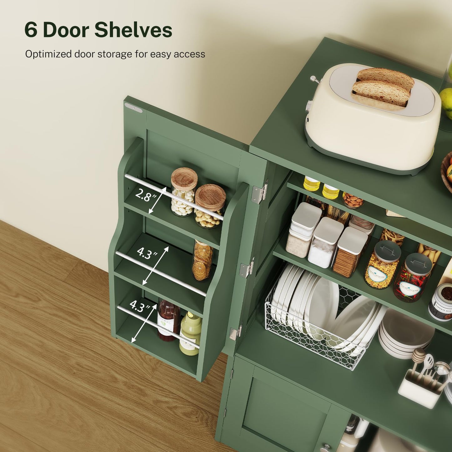 TEENFON 43" H Storage Cabinet with 4 Doors, Kitchen Cabinet with 6 Door Shelves, Kitchen Pantry Cabinets for Living Room, Dining Room, Bathroom, Forest Green