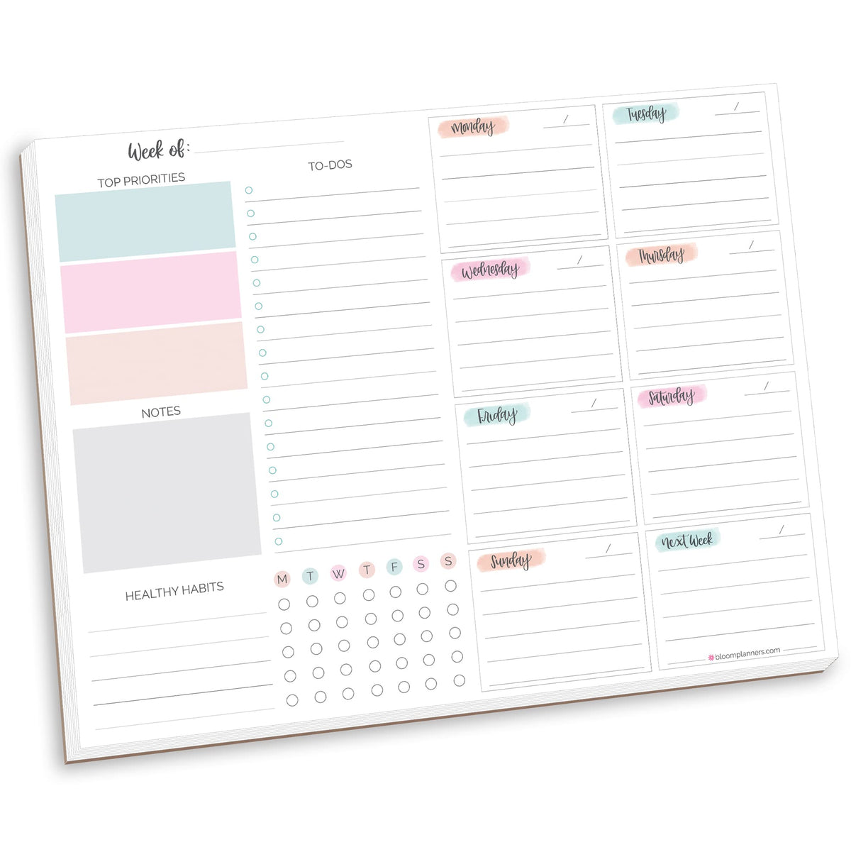 bloom daily planners Horizontal Weekly To Do List Notepad with 60 Undated Sheets - Weekly Desk Planner or Chore Pad with Priorities & Habit Tracker - 8.5” x 11” - Pastel