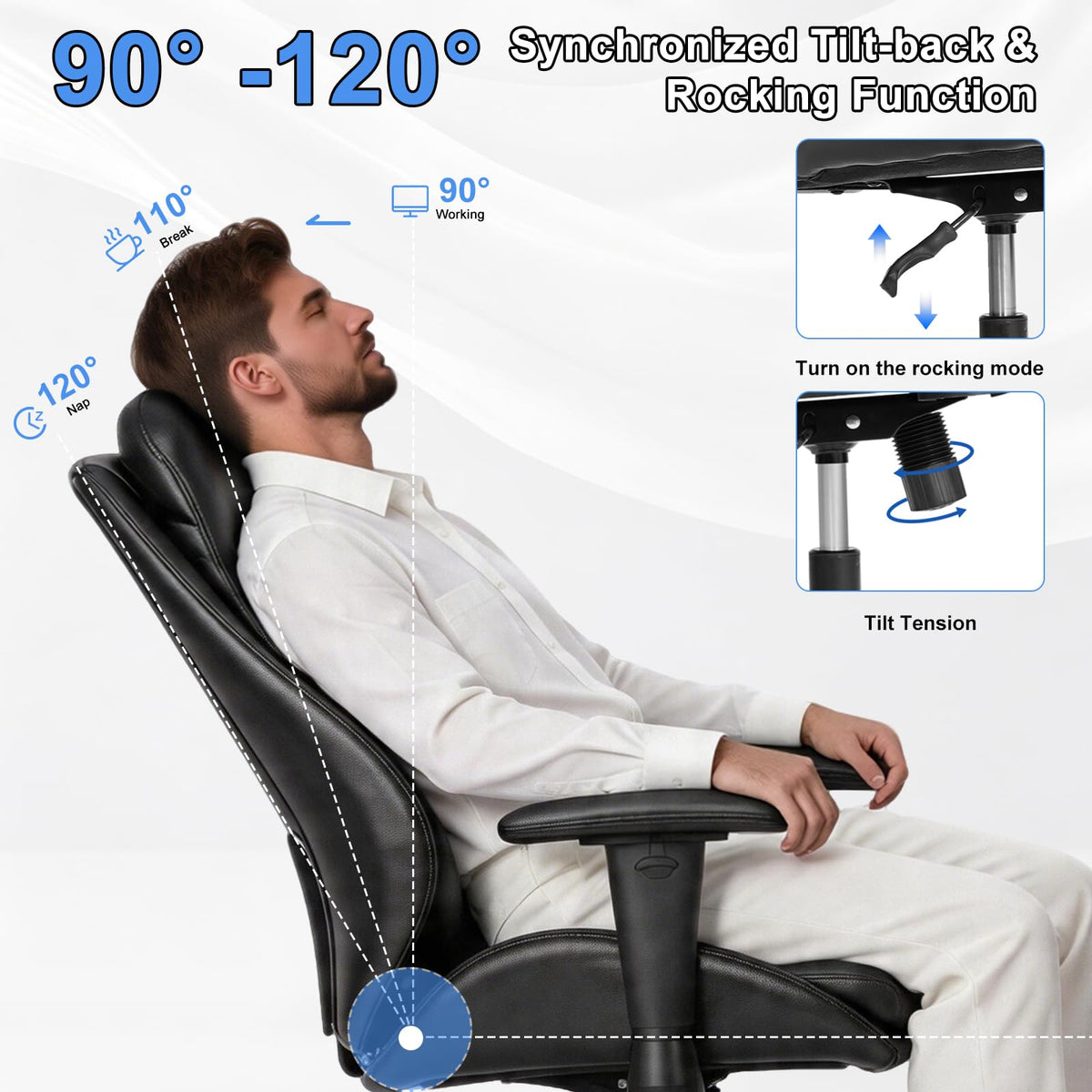 BEWISHOME Office Chair with Rubber Wheels, Big and Tall Office Chair, Ergonomic Office Chairs, Executive Desk Chair, Black PU Leather Computer Comfy Chairs with Lumbar Support, Adjustable Armrests