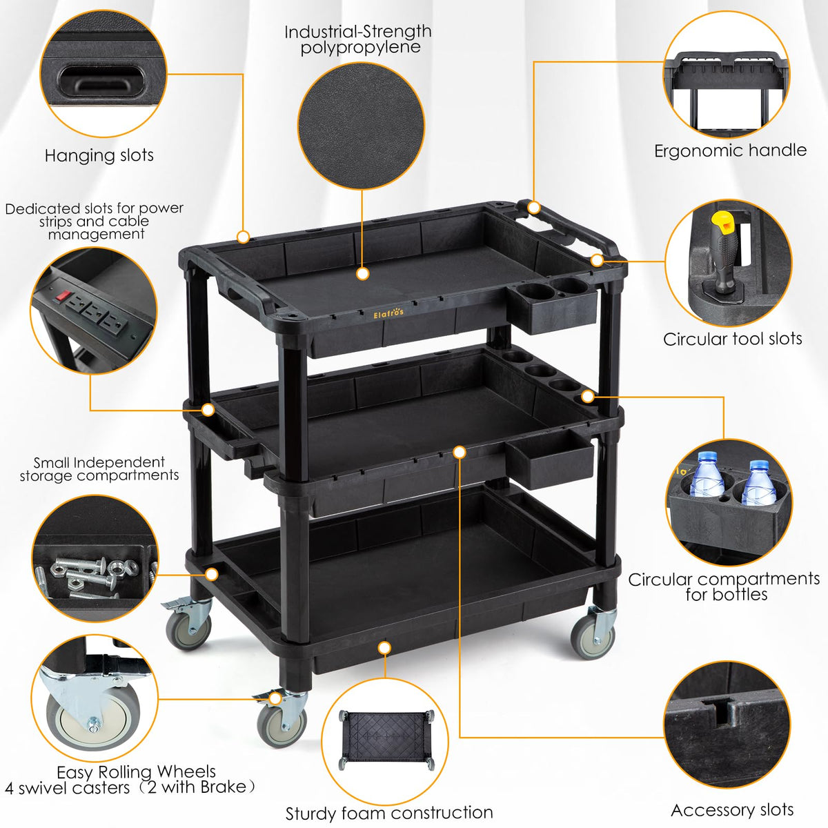 ELAFROS Multi-Use Utility Cart - 32.4x18.3 Heavy-Duty Service Cart with 3 Deep Shelves, Industrial-Grade Tool Cart Mobile Organizer, Rolling cart Holds up to 500 lbs, Black