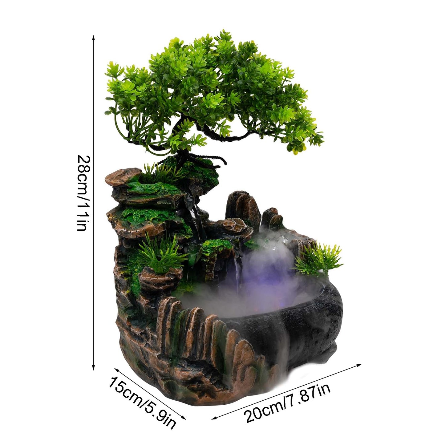 11-Inch Tabletop LED Waterfall Fountain with Atomizer – Quiet Resin Rockery Mist Humidifier for Bedroom, Office, Meditation or Gift Décor