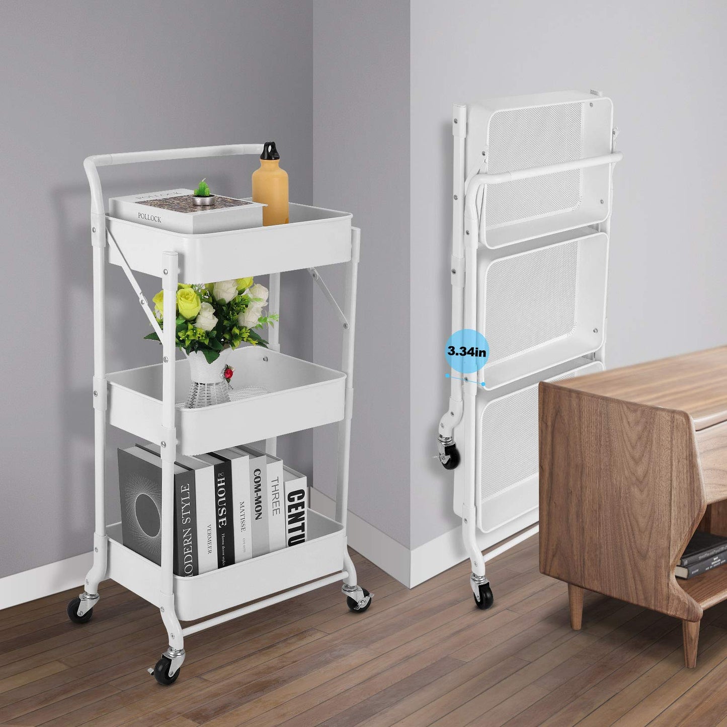 johgee Foldable 3 Tier Metal Utility Rolling Cart, Folding Mobile Multi-Function Storage Trolley Organizer Cart for Home Library Office(White)