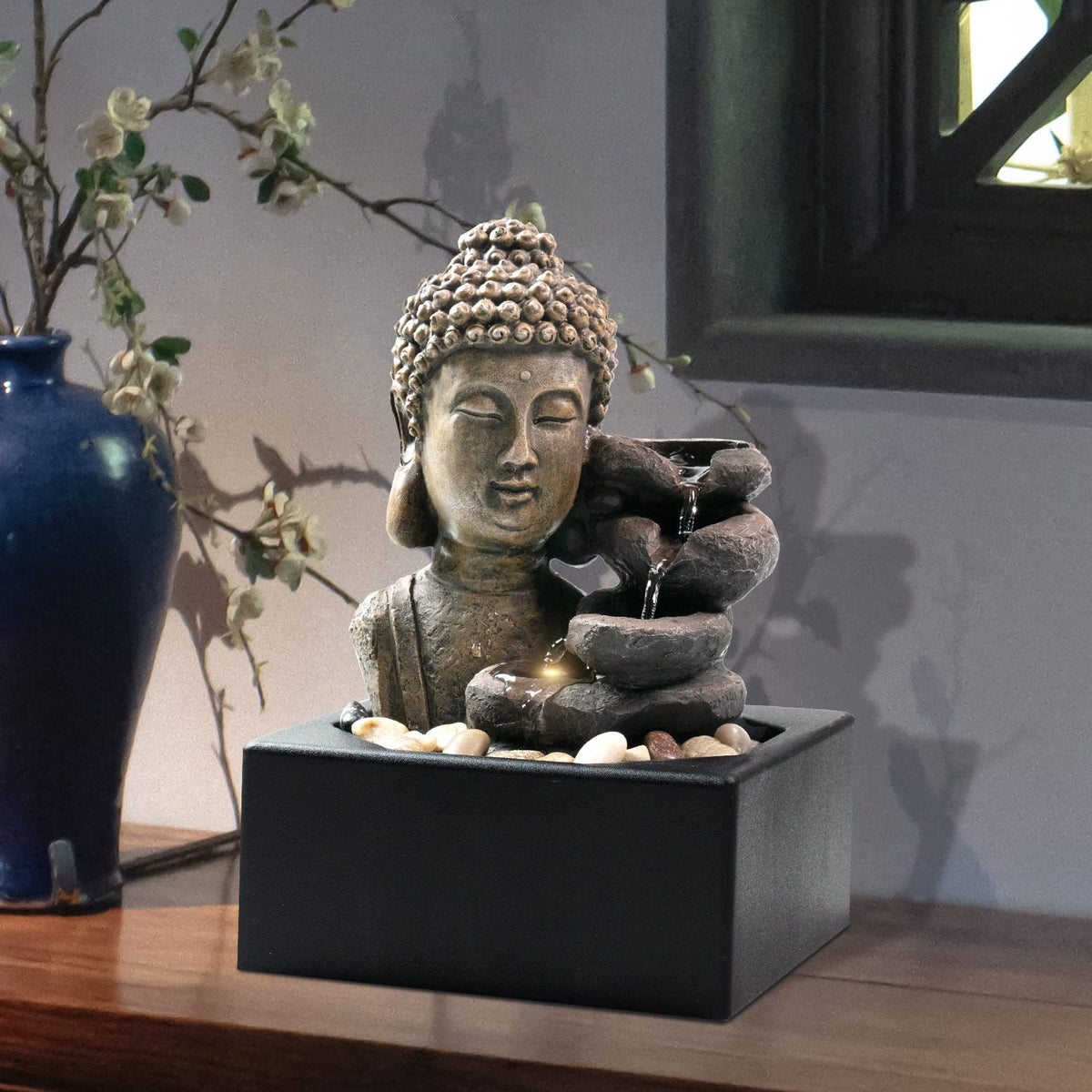 Ferrisland Tabletop Waterfall Fountain Indoor - Buddha Water Fountains 4-Tier Tabletop Waterfall of Zen Meditation Buddha Fountain with LED Warm Light for Office Home and Bedroom Desktop Decor