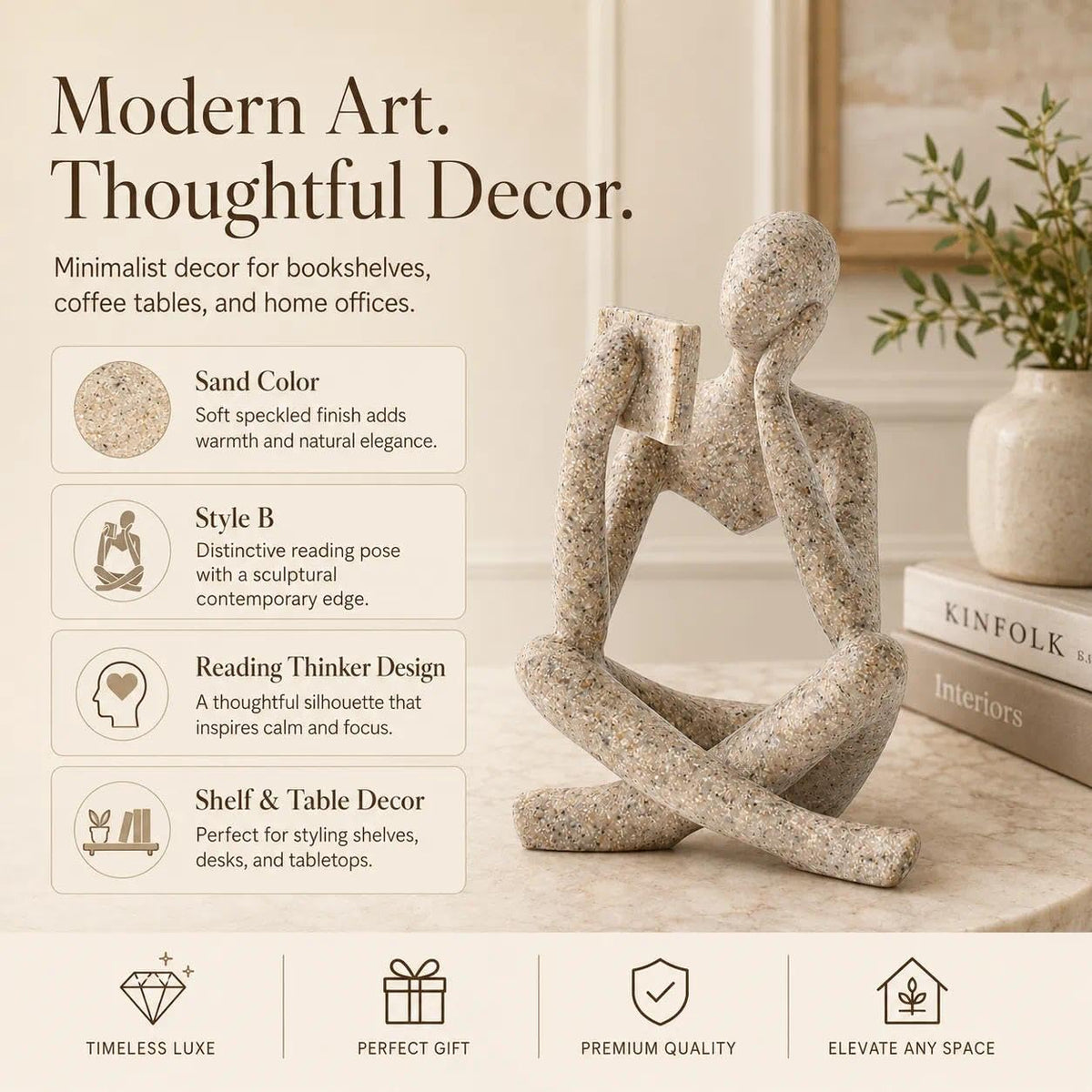 LINZHEN Bookshelf Decor Thinker Statue, Sand Abstract Reading Figurine Style B, Resin Decorative Bookend for Coffee Table, Shelf, Home Office, Library, Gift for Book Lovers