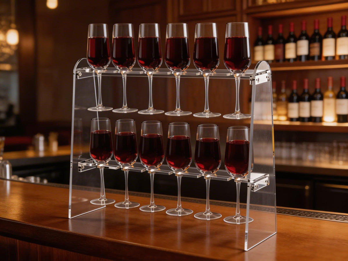 SOVQUEST Acrylic Stemware Rack, 2 Tier 12 Slot Trapezoid Champagne Wine Glass Holder, Modern Durable Countertop Bar Storage Organizer (Trapezoid)