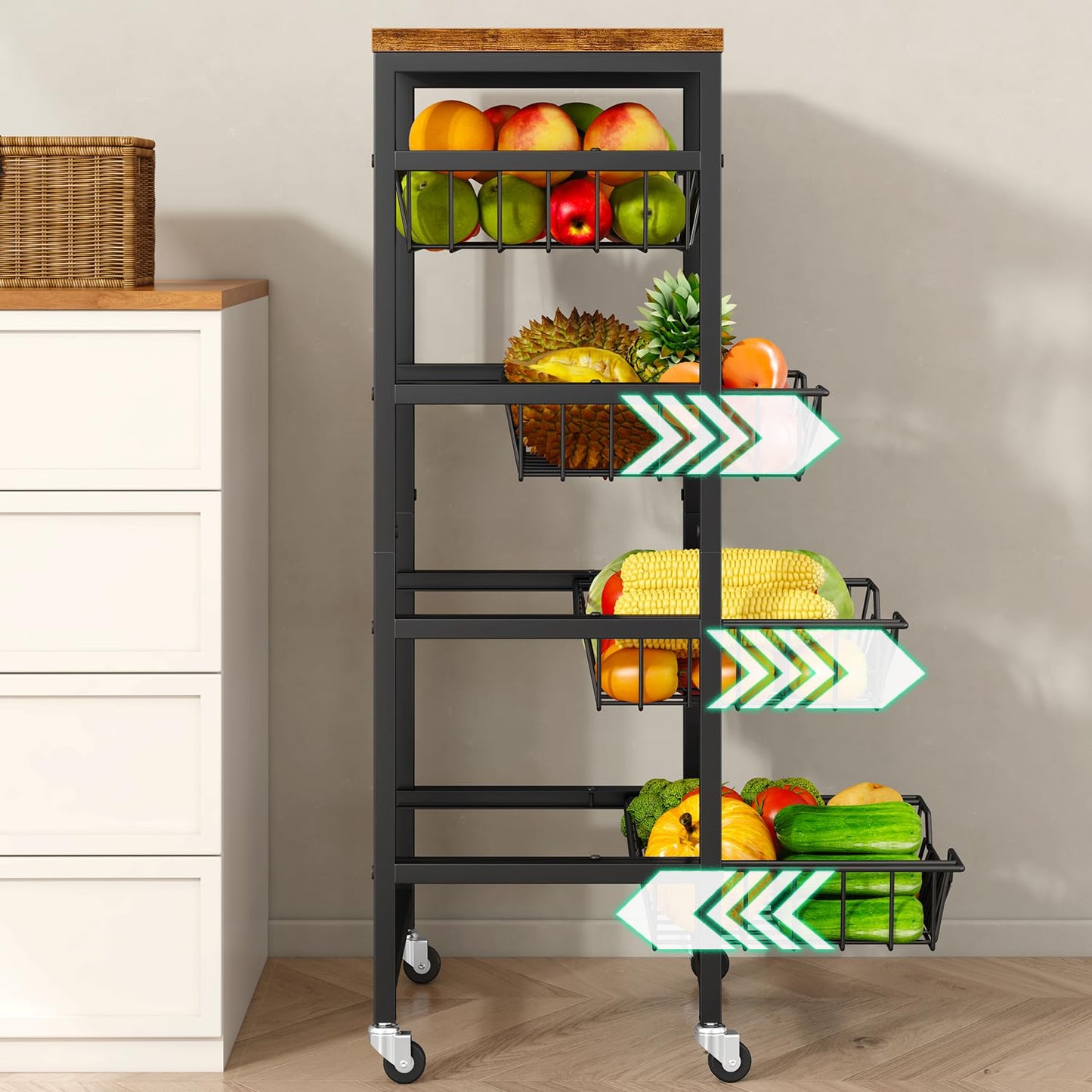 IBUYKE Kitchen Fruit Vegetable Storage Cart with Drawers,Metal Rolling Utility Cart with Fruit Basket and Wooden Top,Rolling Snack Kitchen Cart for Bedroom,Pantry,Office,Rustic Brown UTLJ026H