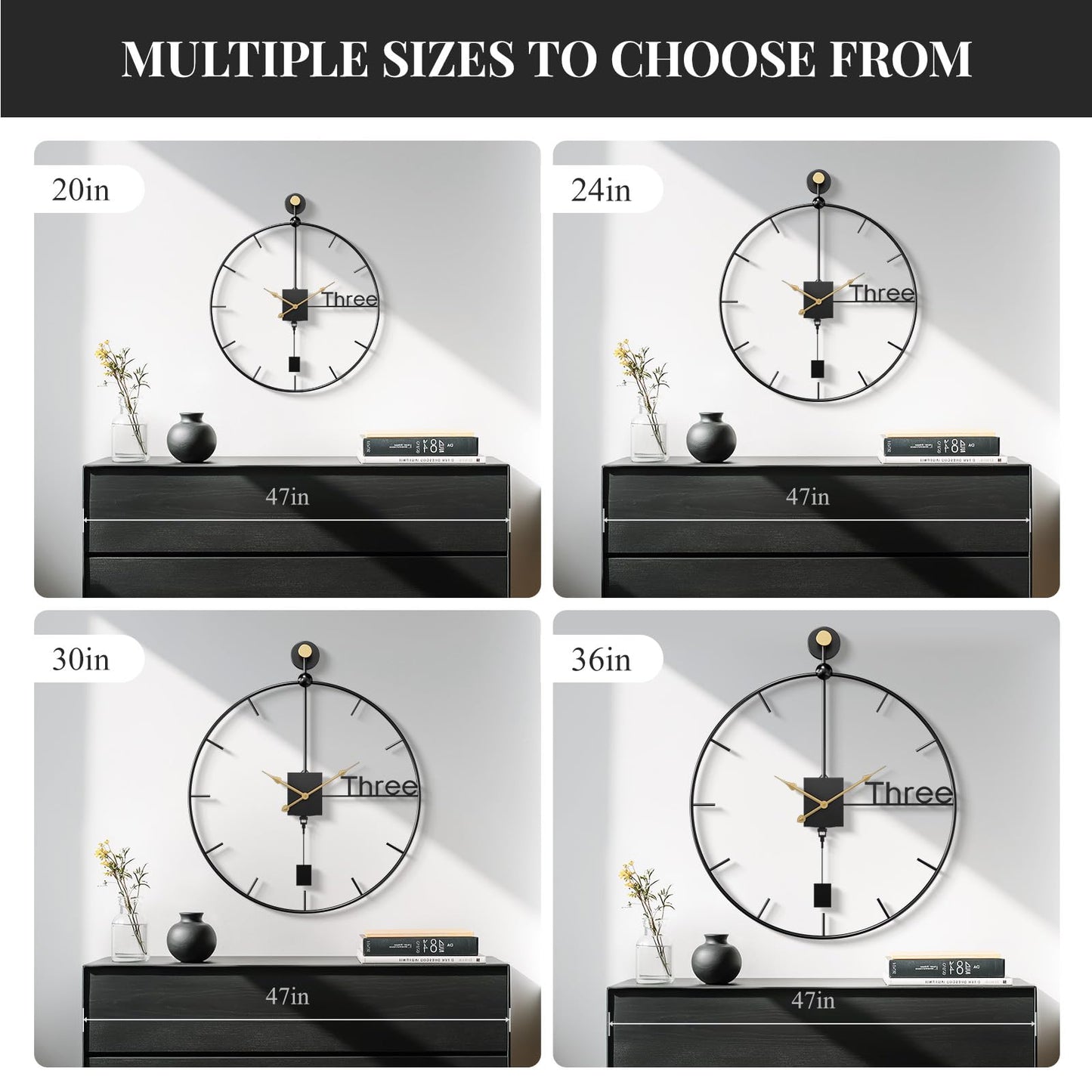 Cuspin 30 inch Large Wall Clocks Battery Operated Wall Clock with Pendulum, Silent Non-Ticking Metal Clock for Living Room Decor, Modern Decorative Hanging Clock for Bedroom, Office, Kitchen, Home