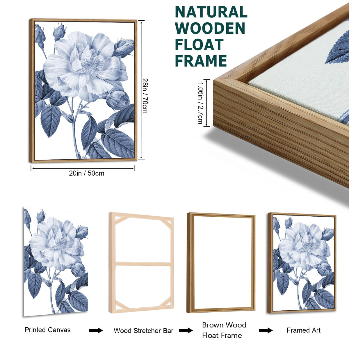 Large Framed Canvas Wall Art - Natural Float Framed Blue Gray Flowers Pictures Decor Rustic Blossom Leaves Botanical Artwork for Living Room Bedroom Kitchen Home Office Decoration 60" X 28" Set of 3