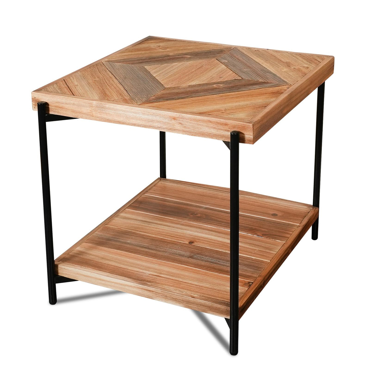 CONSDAN StoneCreek End Table 23 inch, Solid Fir Wood Side Table with Metal Frame, 2-Tier Storage Shelf, Square Nightstand for Living Room, Bedroom & Office, Rustic Style