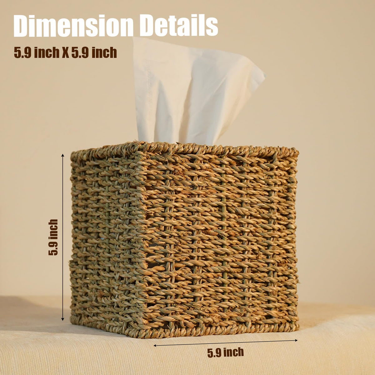 PINXIURY Seagrass Handwoven Wicker Tissue Box Cover, Natural Handmade Napkin Box Holder, Handcrafted Square Facial Tissue Holder for Bathroom, Rustic Decorative on Table and Bathroom,Boho Decorative