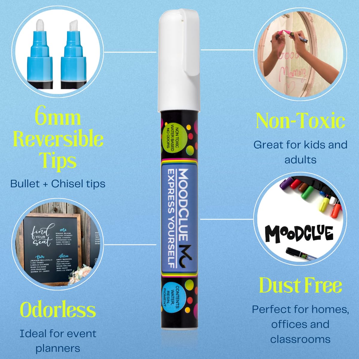 MoodClue Liquid chalk markers 12 neon erasable Whiteboards, glass boards, chalkboards, windows, mirrors, car windshields, auto, glass. Odorless, non-toxic. Wet or dry erase. Thick and thin tip