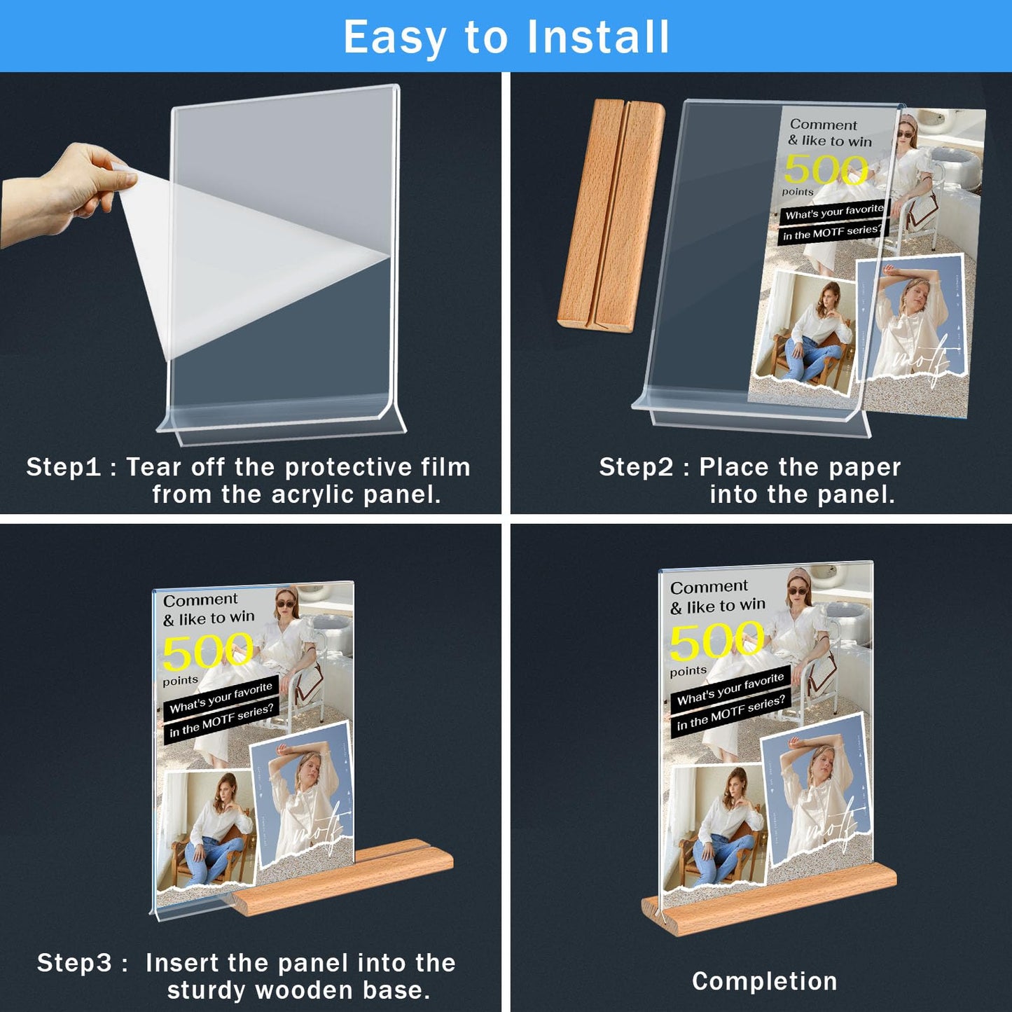 Kersally Acrylic Sign Holder 6 x 4, 3 Pack Double-Sided Clear Table Display Stands with Wood Base,Horizontal Acrylic Frame Menu Flyer Paper Holder for Store, Restaurant, Hotel, Office, Show Fair