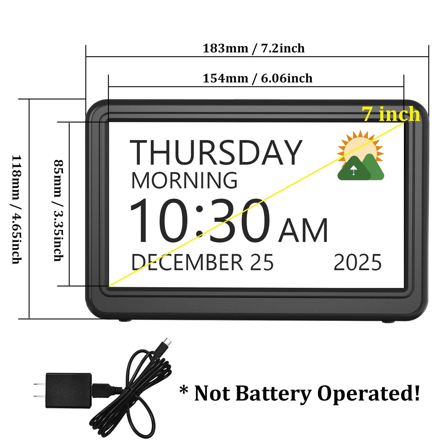 Clock with Day and Date for Elderly, 7" Large Display Digital Calendar Day Clock with 20 Custom Alarms and Medicine Reminders, Dimmable Dementia Alzheimers Clocks for Seniors, Black (Ac Powered)