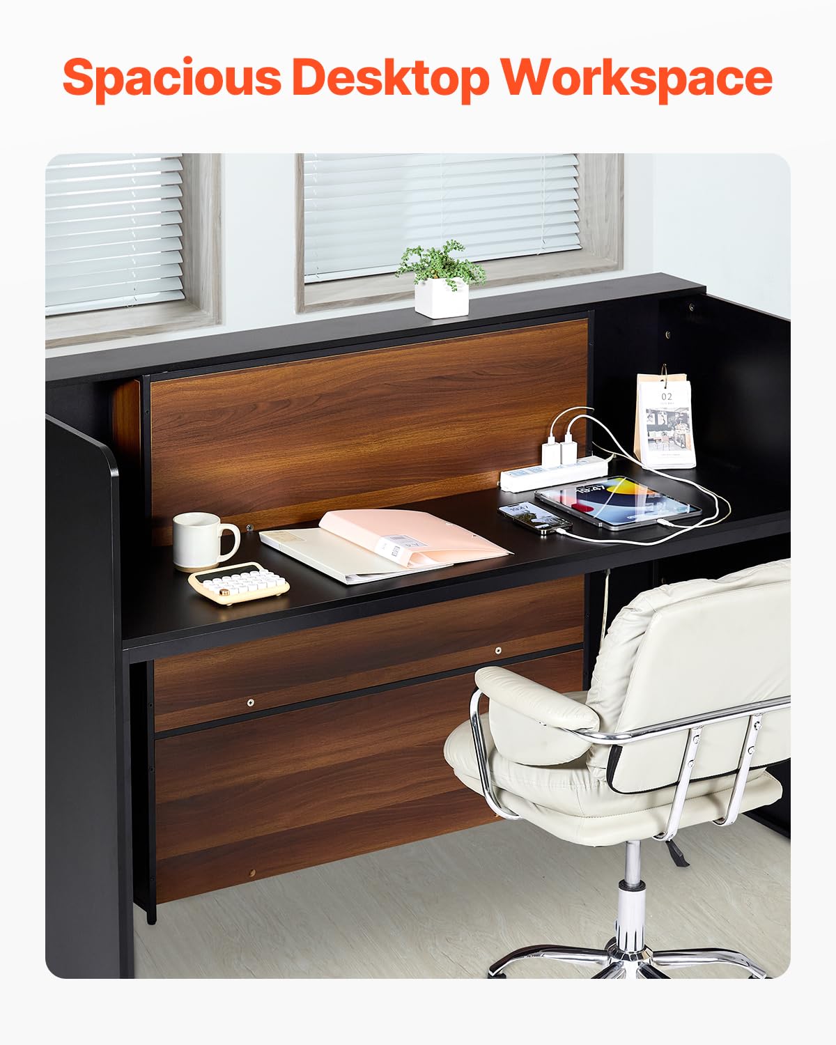 VEVOR Reception Desk, 62 Inch Rectangular Front Counter Table, Office Reception Desk Front Retail Counter with LED Light, for Checkout, Lobby, Beauty Salon and Office, Black & Brown