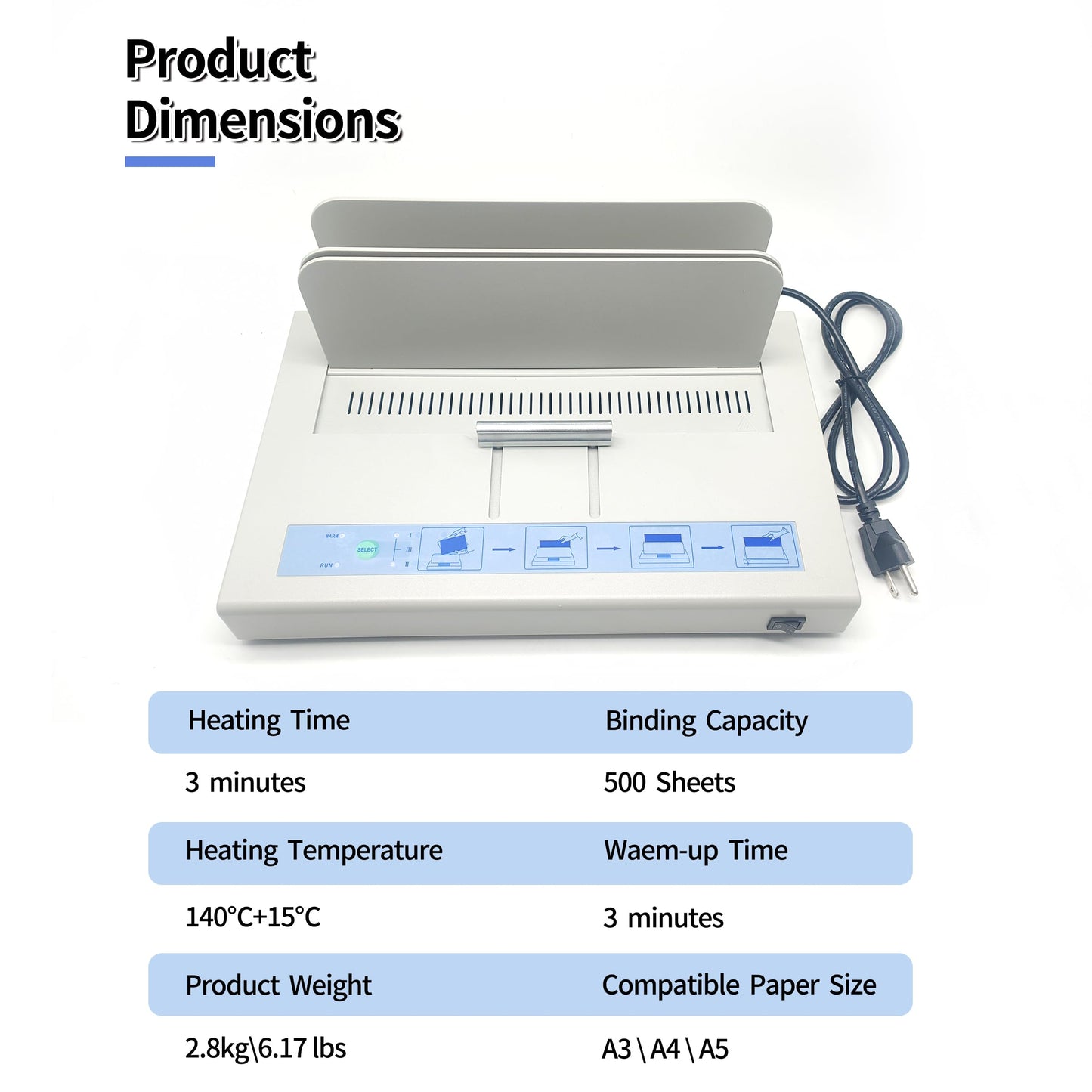 Thermal Binding Machine, 500 Sheets Capacity 50mm Thickness - 110V Hot Melt Binder Compatible with A3(Short Edge)/A4/A5/A6 Documents