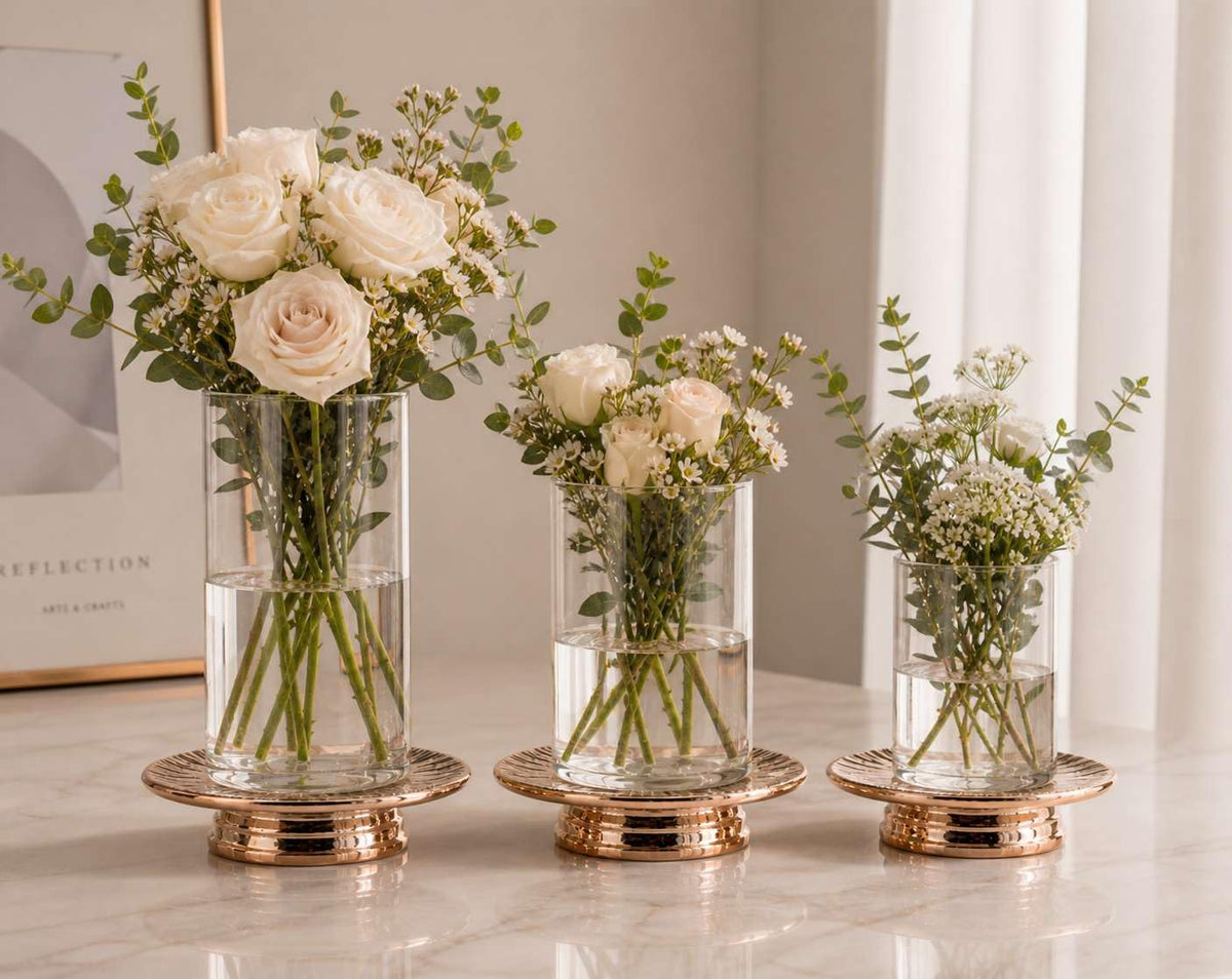ADAVAS.Y&G Ceramic Rose Gold Candle Plate Set, 3-Piece – Decorative Candle Holder Tray for Pillar Candles, Jewelry, Stand for Flower vases – Elegant Wedding Decor and Table decoratives