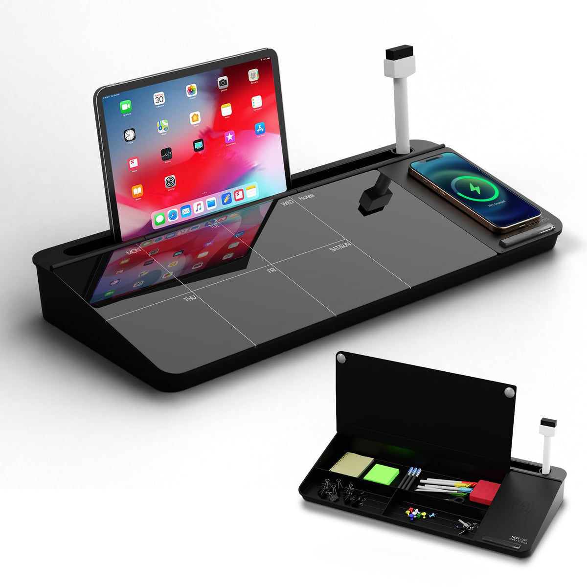 NEXTLUXE Glass Desk Whiteboard with Wireless Charger - Desktop Whiteboard with Storage, Weekly Planner, Dry Erase Pad, Organizer Drawer for Home, School, Office Gadgets – Black (Black)
