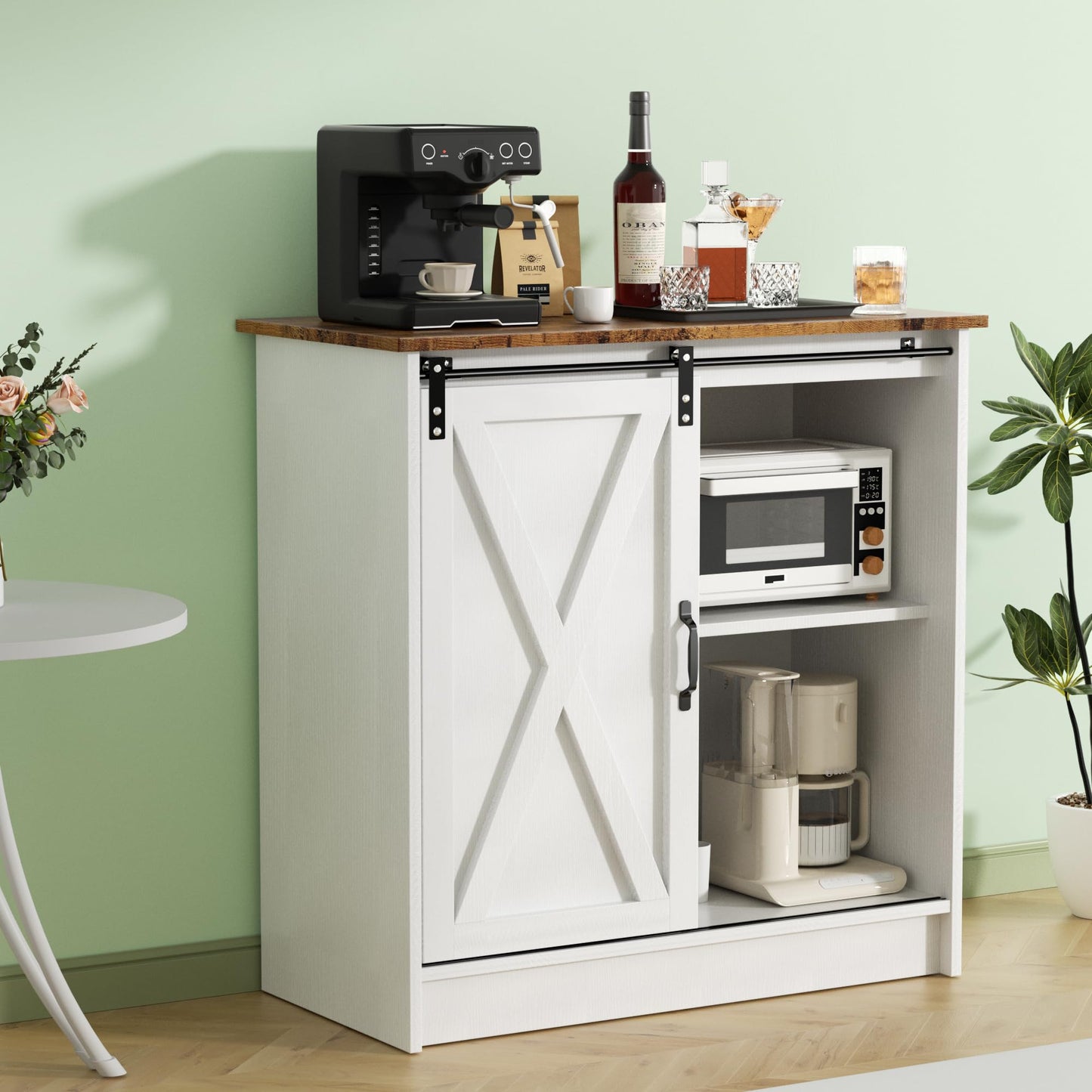 SOFTLYNICE Farmhouse Coffee Bar Cabinet, Coffee Bar Table with Sliding Barn Door, Suitable for Kitchen, Dining Room and Living Room