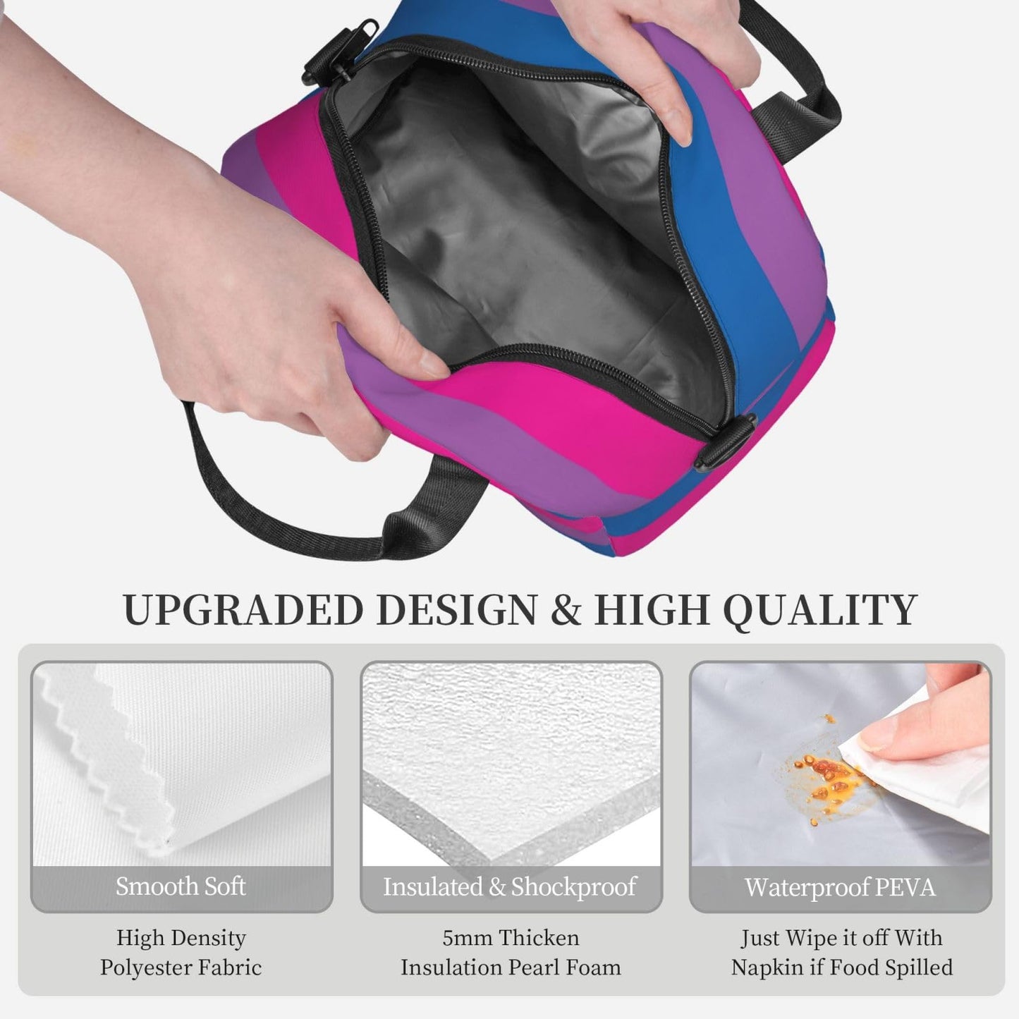 RISOIU Bisexual Pride Flag Lunch Box Insulated Lunch Bag Portable Zipper Cooler Tote Bag Adult Bento Box for Women Men Reusable Meal Organizer with Adjustable Strap for Work Office Picnic Travel