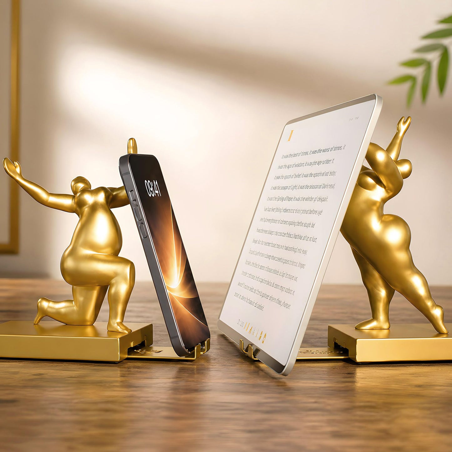 Decorative Bookends Set of 2 – Modern Sculptural Art Book Ends with Adjustable Magnetic Phone & Tablet Holder – Premium Resin with Metal Plate – Contemporary Home & Office Decor – Metallic Gold