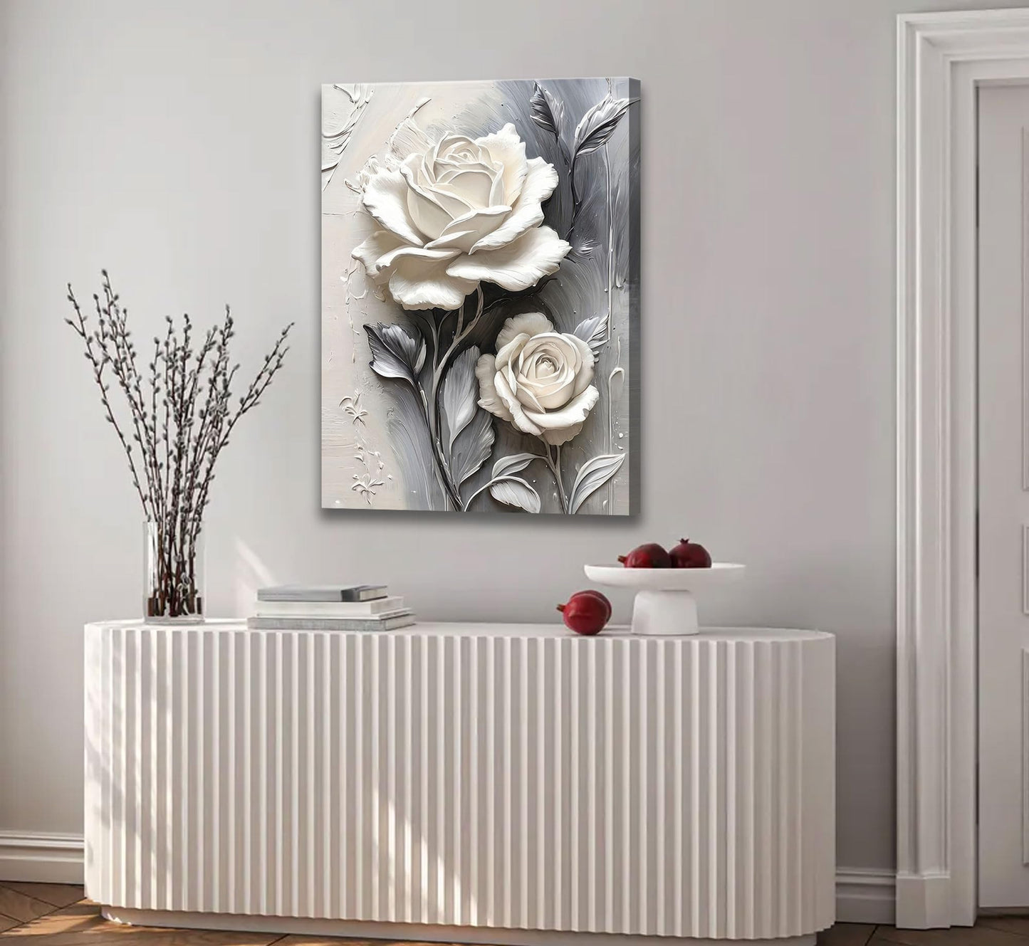 Elegant White Rose Canvas Wall art Modern Abstract Floral Wall Decor Picture White Blooming Flowers Poster Print Painting for Office Living Room Bedroom Bathroom Home Decorate Prepare To Hang