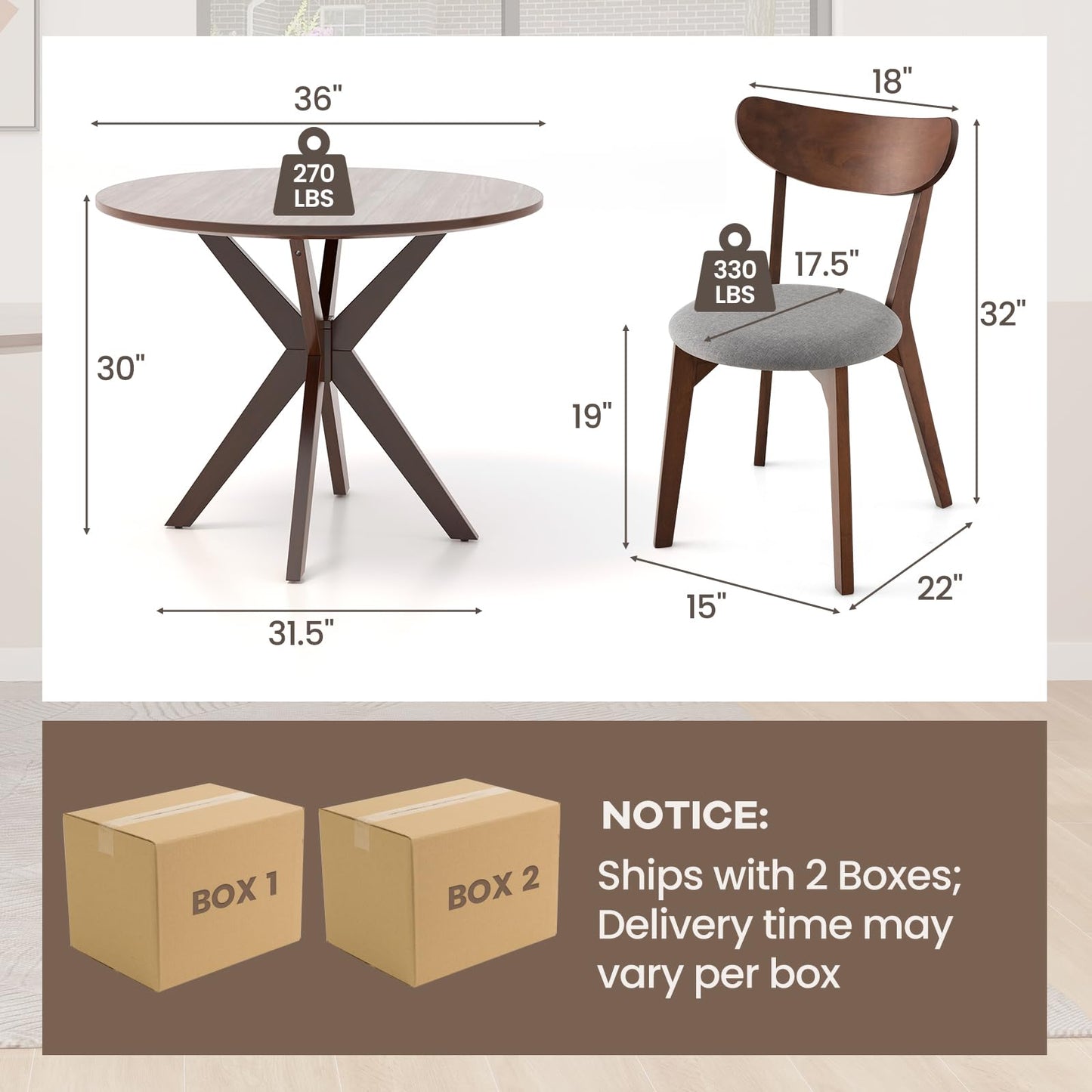 NAFORT Round Dining Table Set for 2, Mid-Century Modern Bistro Table and Chairs, Wood Kitchen Table w/Cushioned Chairs, Compact 3 Piece Dinette Set for Office, Small Spaces, Kitchen, Breakfast Nook