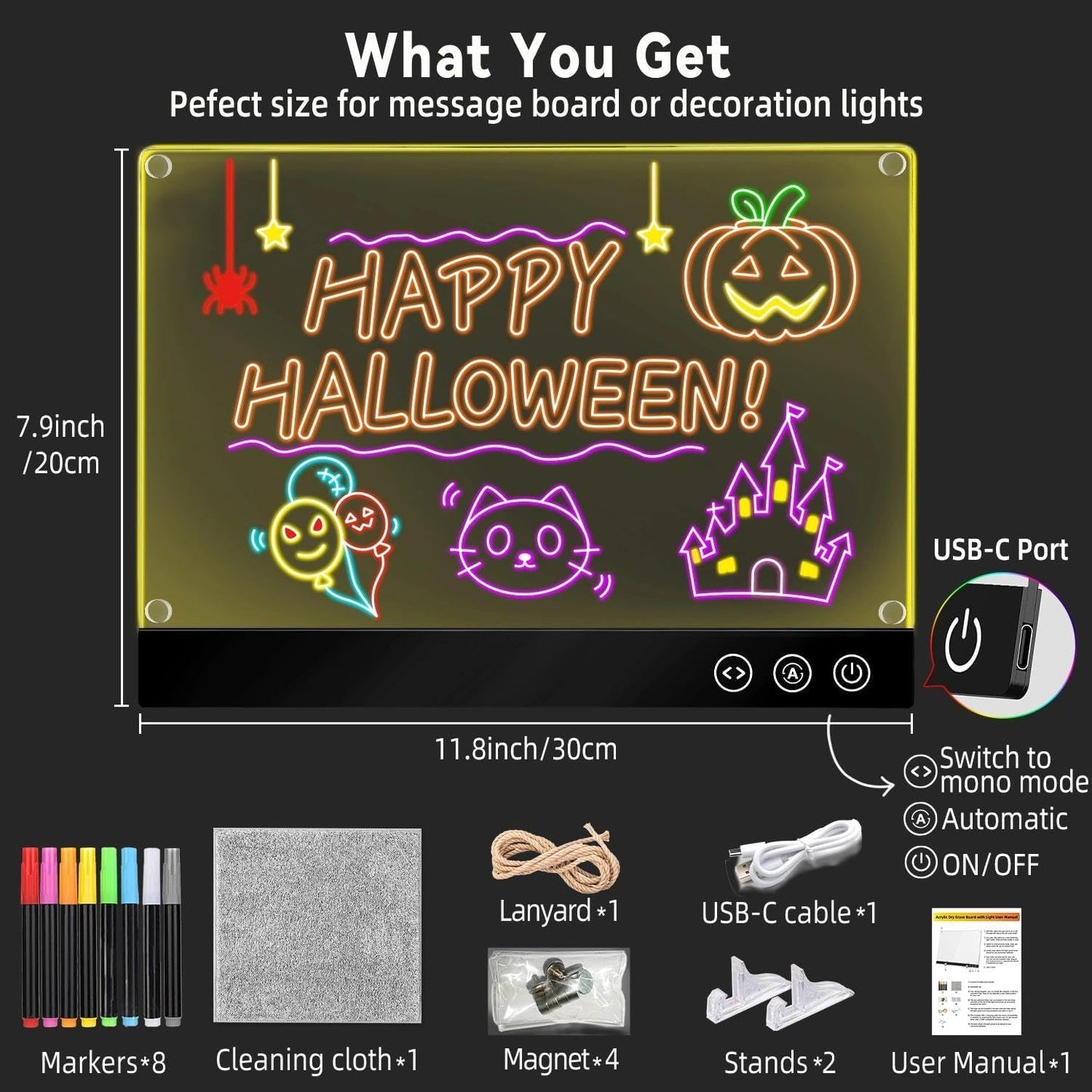 LED Magnetic Note Board with 11 Light Modes, 11.8"x7.9" Desktop Acrylic Dry Erase Board with Light, Magnetic Glowing Message Board with Stand & Hanging Chain, Professional Desktop Signage for Office