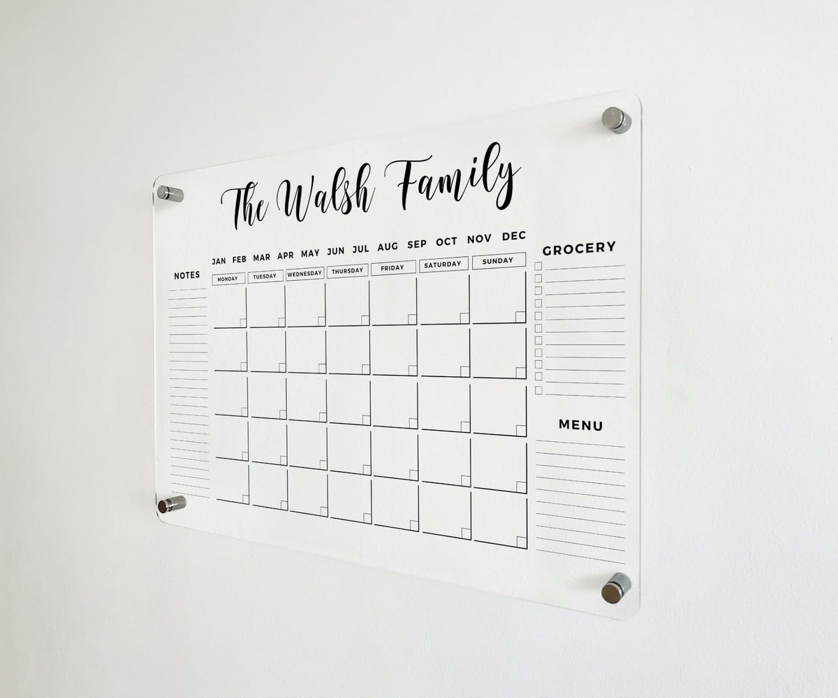 Black Acrylic Custom Weekly Personalized Calendar 2026 - Dry Erase Board, Dry Erase Calendar, Monthly and Weekly Transparent Planner