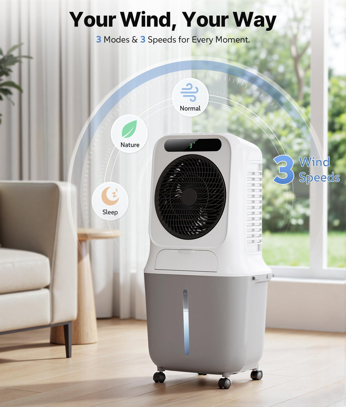 Exnos Portable Evaporative Swamp Cooler - Portable Air Conditioner with 3 Modes & 3 Speeds, 6.6 Gallon Cold Air Cooler, Cooling Fans that Blow Cold Air for Home, Office, 2 Ice Packs