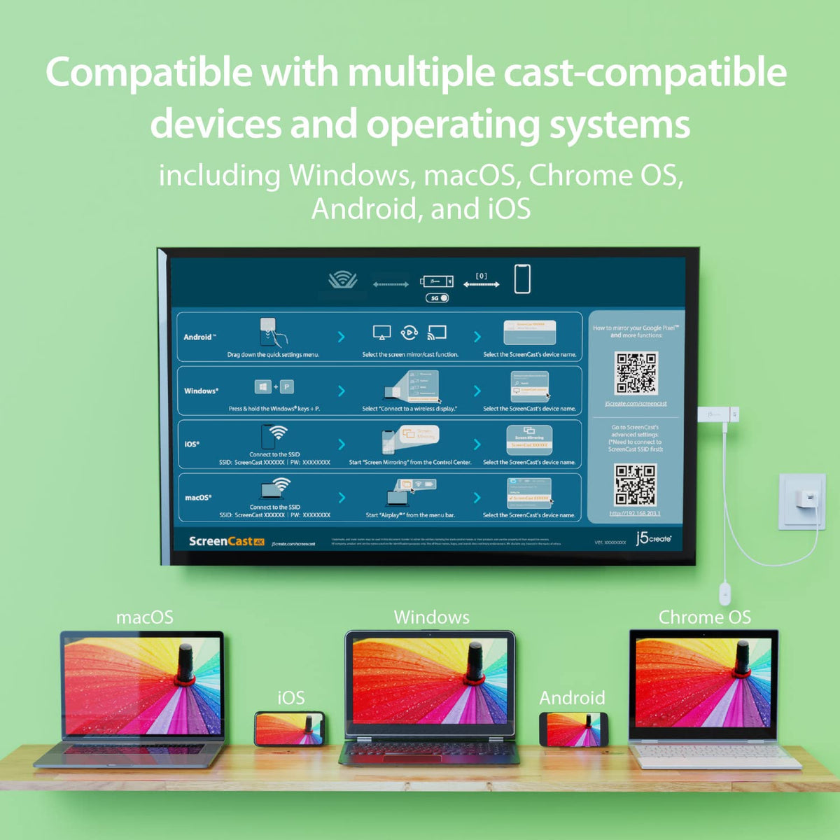 j5create ScreenCast 4K Wireless Adapter Screen Cast from Mobile Phone, Tablet, or Laptop Support for AirPlay, Miracast & Chromecast Mirror Extend for Windows & macOS Wireless Screen Display (JVAW76)