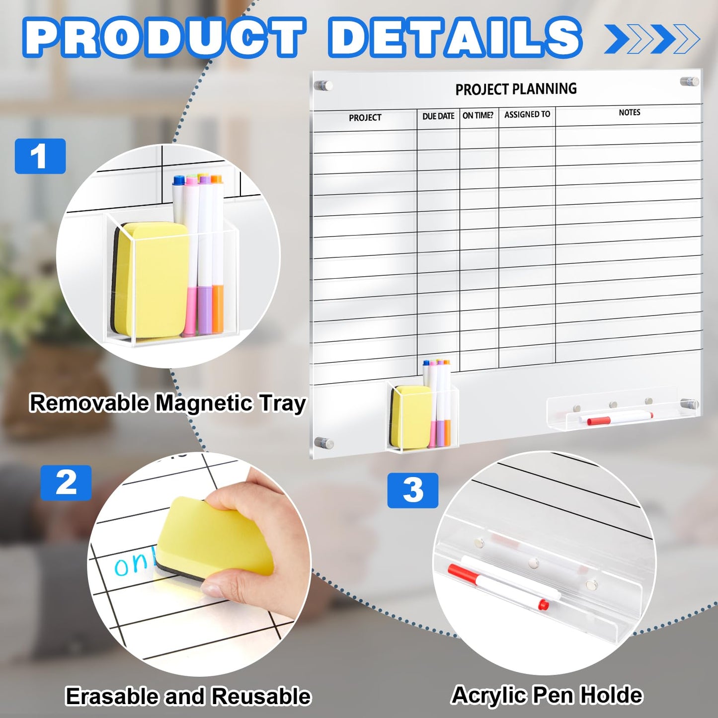 Lincia Acrylic Project Planning Board, 24 x 18 Inch Clear Wall Schedule Dry Erase Board with 8 Markers and Eraser, Whiteboard Planner with Lines for Home Office Project and Family Organization
