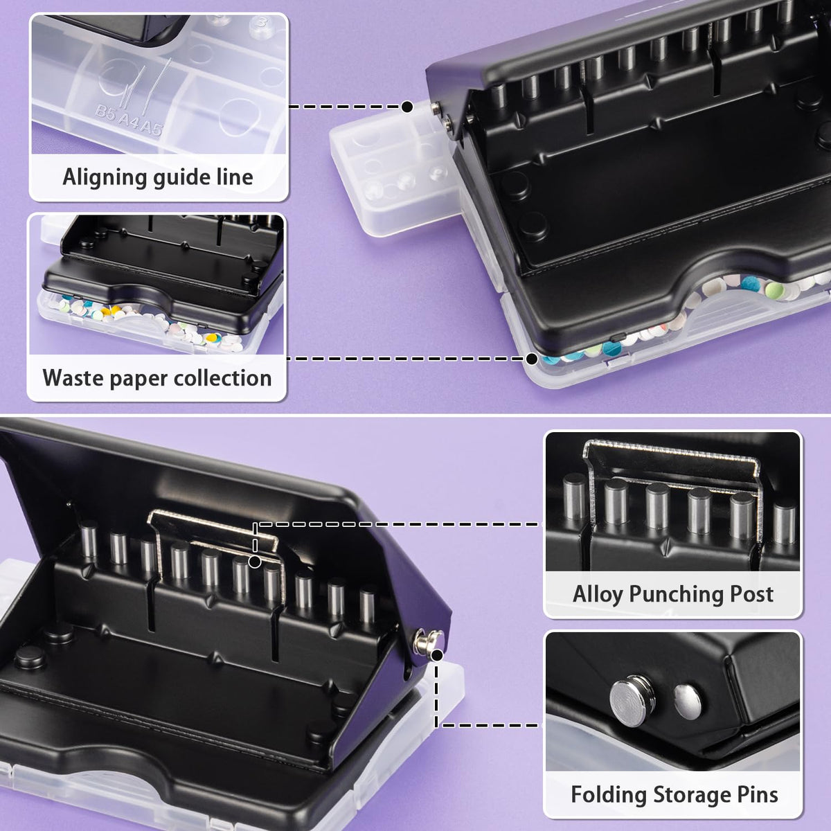 IMLIKE 10-Hole Binding Machine for Planners - Metal Manual Binding System with 10 Multi-Color 30-Hole Loose Leaf Binding Spines - Punches 26 Holes on B5, 30 Holes on A4, 20 Holes on A5 Paper - Black