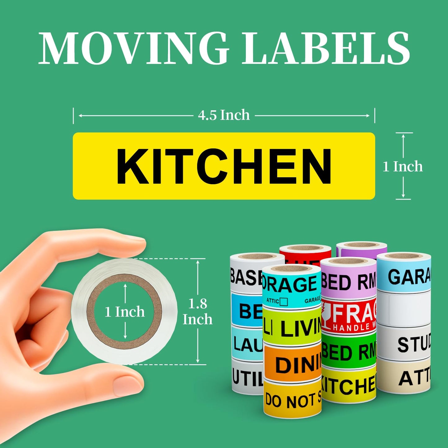 Moving Box Labels – 1440 PCS (24 Rolls) Color Coded Room Stickers, 1''x4.5'' Strong Adhesive Home Packing Stickers for Boxes of Bedroom, Kitchen, Garage, Fragile & Heavy Item Warning Labels, BIAlabel
