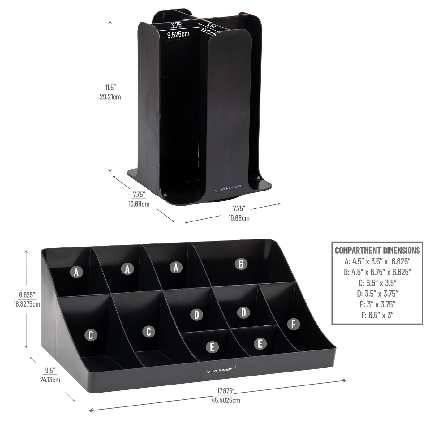 Mind Reader Cup Carousel and Condiment Organizer Set, Countertop Org, Coffee Bar, 7.75"L x 7.75"W x 11.5"H, 2 Pcs., Black