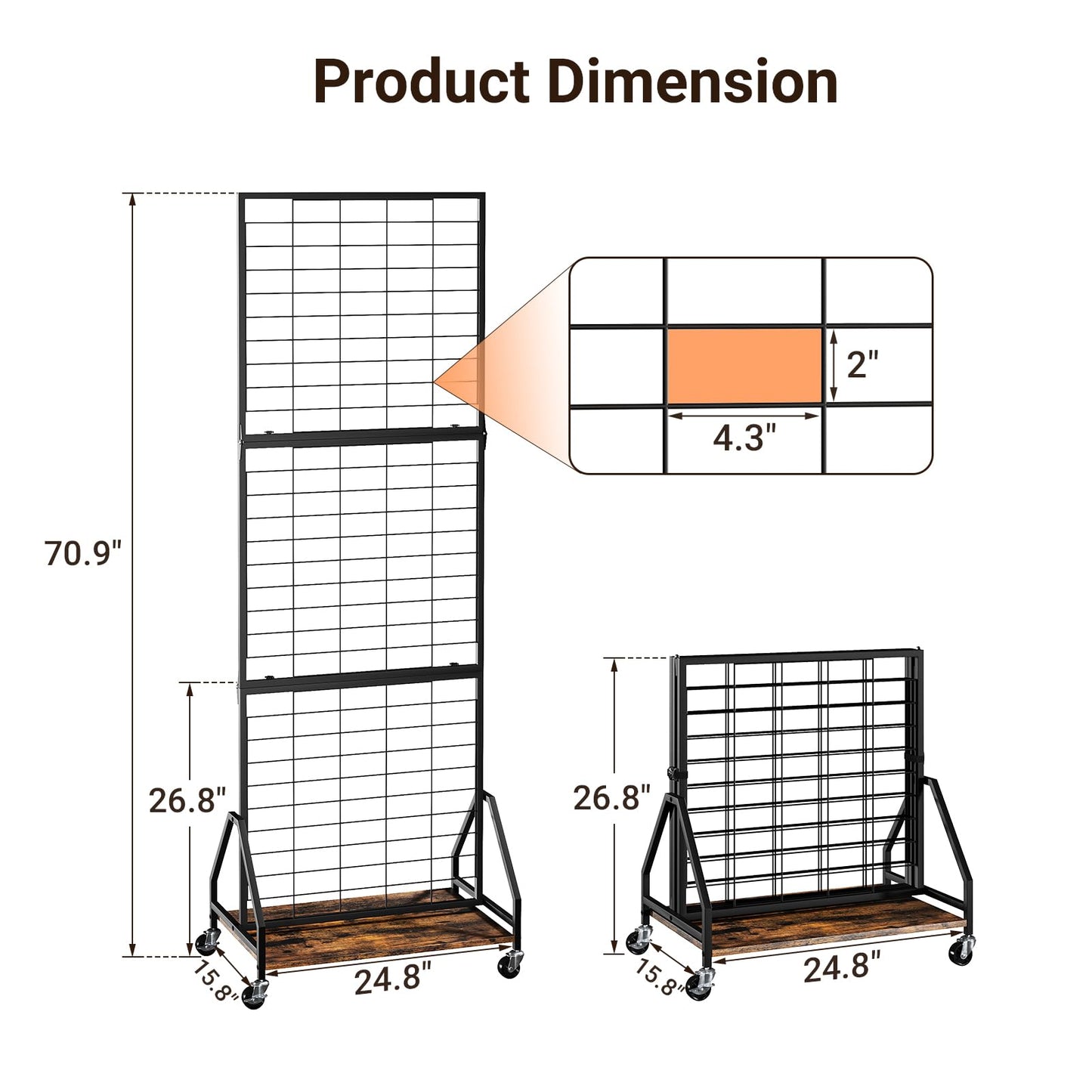 ELYKEN Foldable Grid Wall Panels 5.5' x 2' FT, Movable Wire Gridwall Display Rack with Wheels and Adjustable Foots, Retail Display Stand for Vendor with Storage (Rustic Brown)