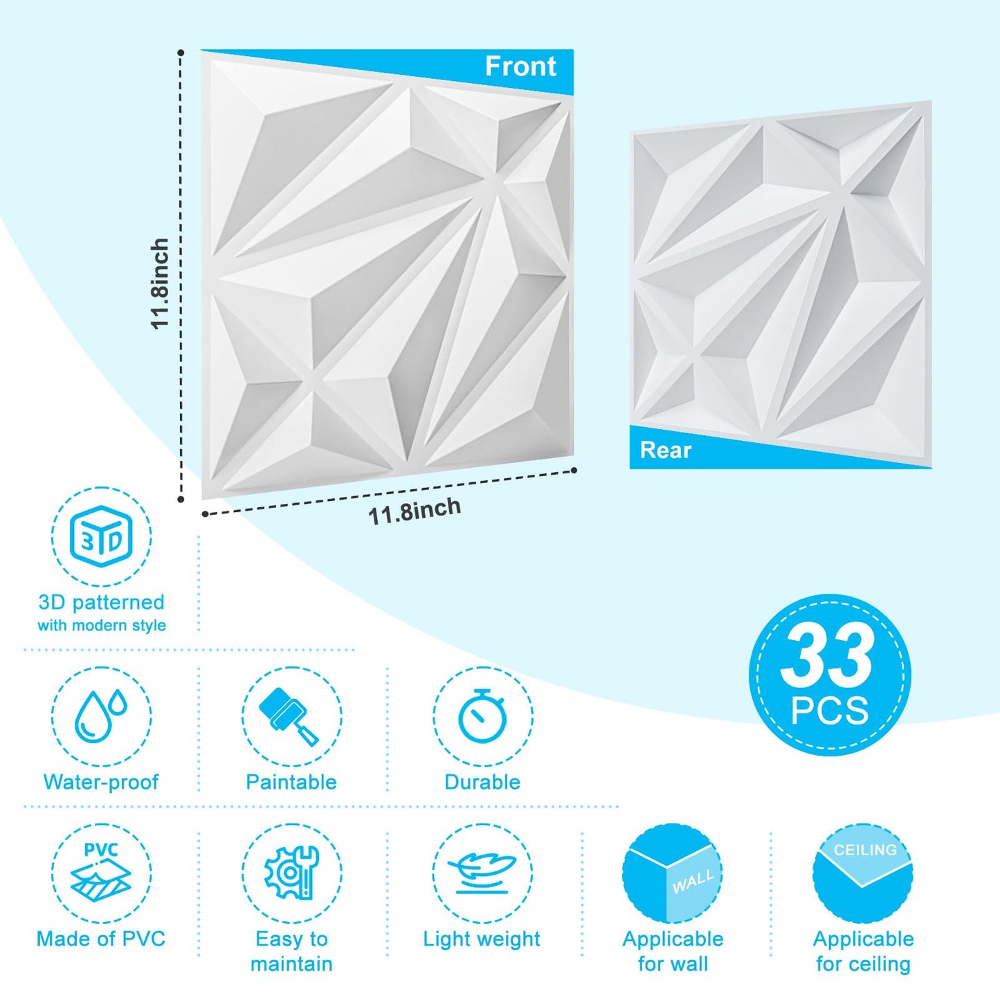 Art3d 33-Pack 3D Wall Panel for Interior Wall Décor, Diamond Textured PVC Accent Wall Paneling for Living Room Bedroom Office TV Wall Background, 11.8"x11.8" Cover 32.Sq.Ft., White