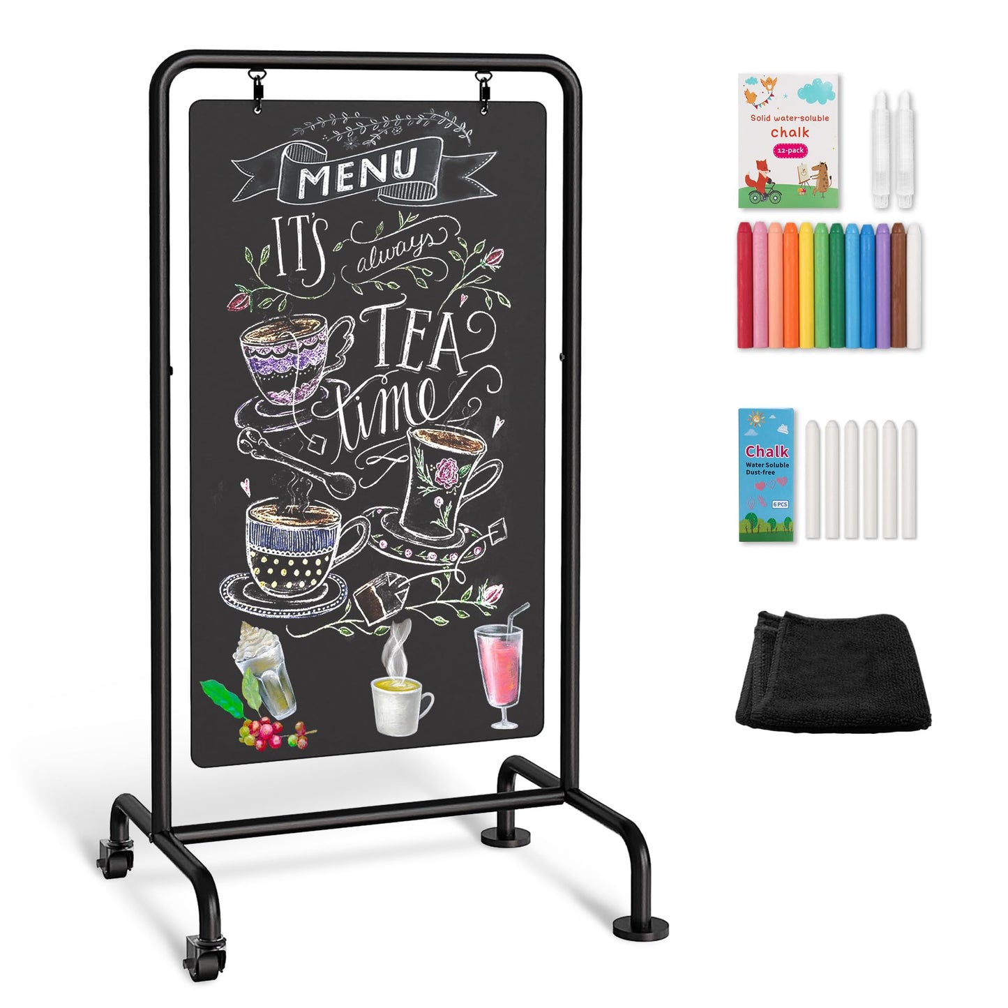SELEAD Metal Swinging Chalkboard with Wheels - 40" x 20" Double Sided Rolling Sidewalk Chalk Board Easel Sign, Large Outdoor Indoor Menu Message Sandwich Pizarra for Business, Wedding, Cafe